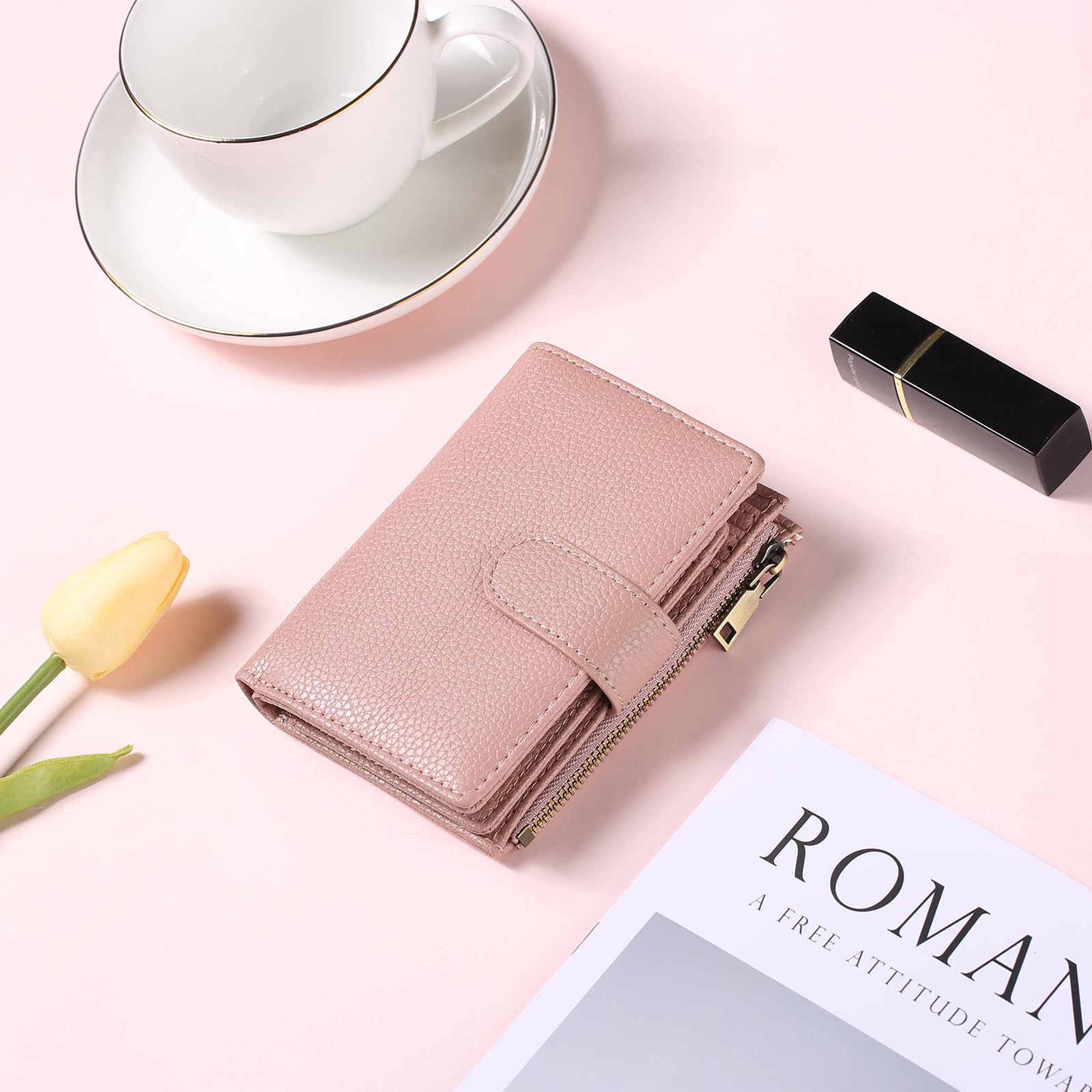 Small Wallets for Women Leather RFID Blocking Bifold Zipper Pocket Wallet Card Case Purse with ID Window