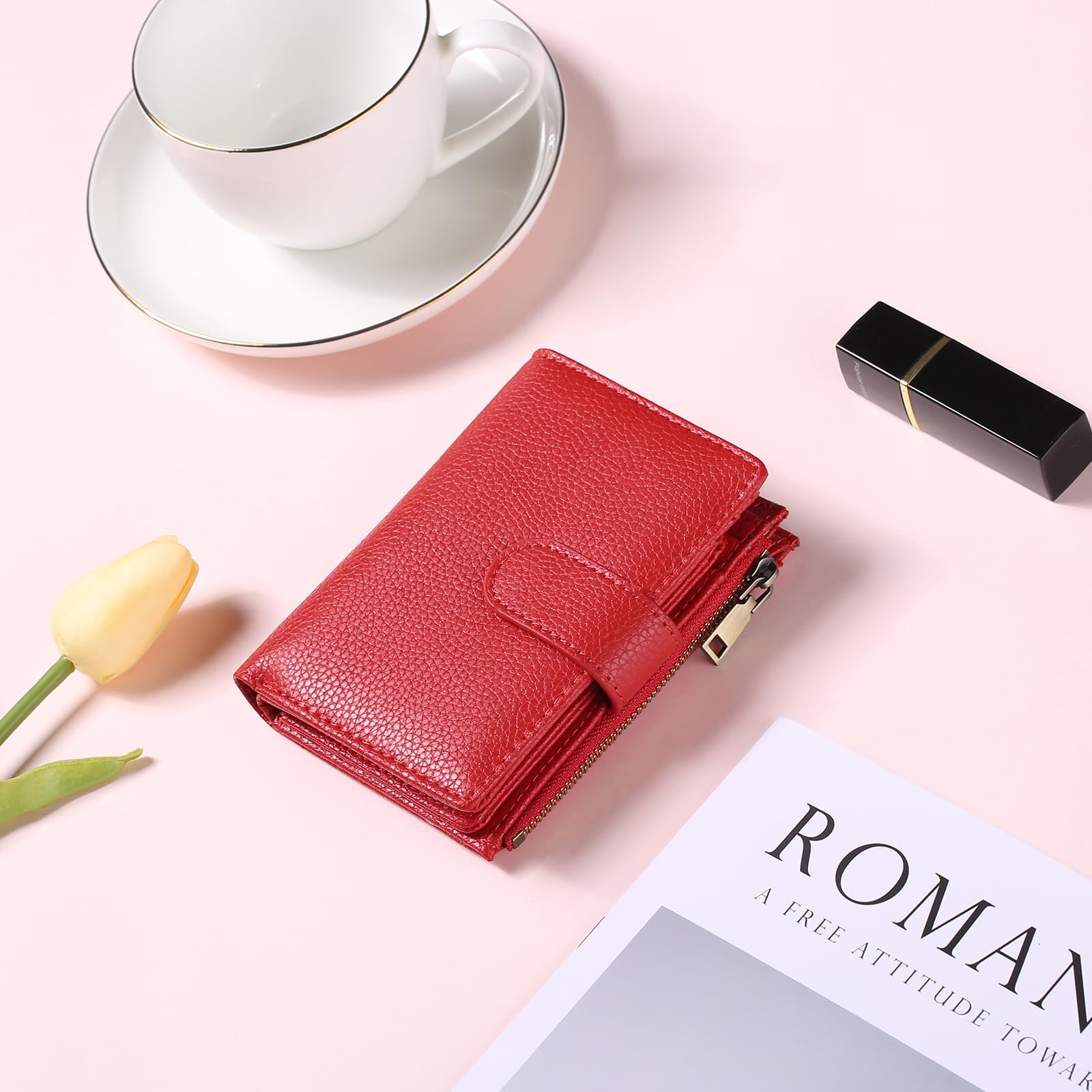 Small Wallets for Women Leather RFID Blocking Bifold Zipper Pocket Wallet Card Case Purse with ID Window