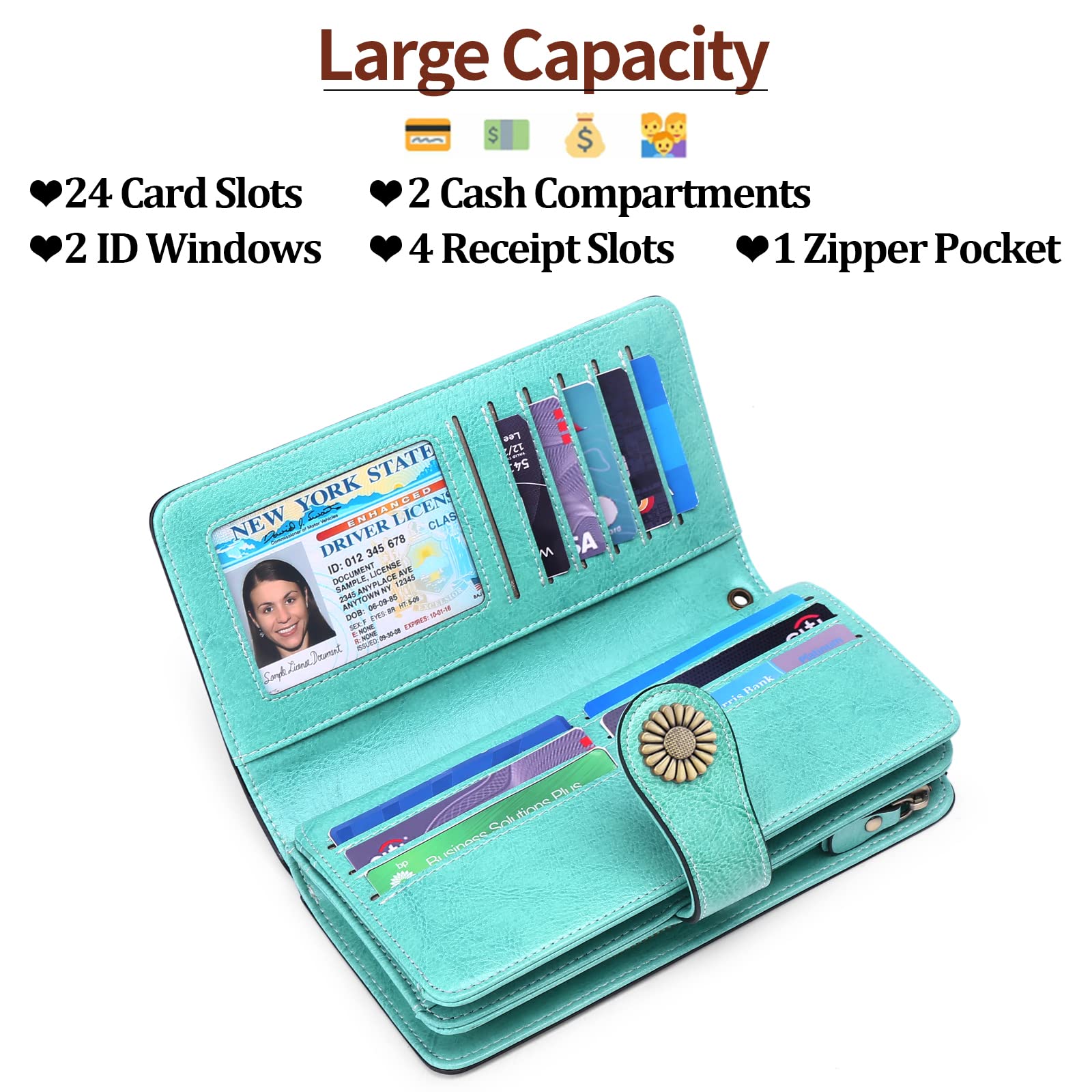 Wallets for Women Genuine Leather Credit Card Holder with RFID Blocking Large Capacity Wristlet