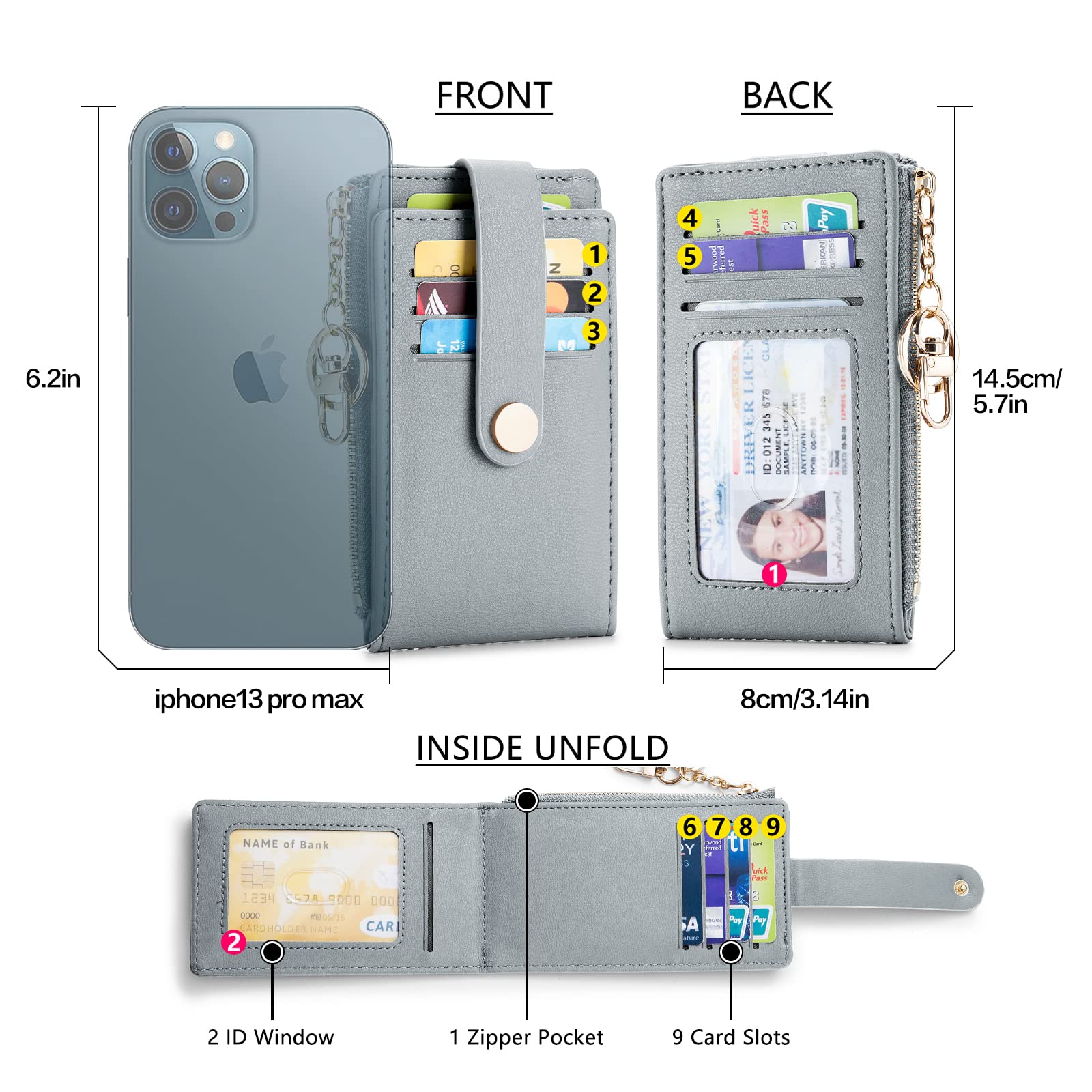 Wallet for Women,RFID Blocking Bifold Credit Card Holder with Zipper Coin Pocket,ID Window &amp; Keychain