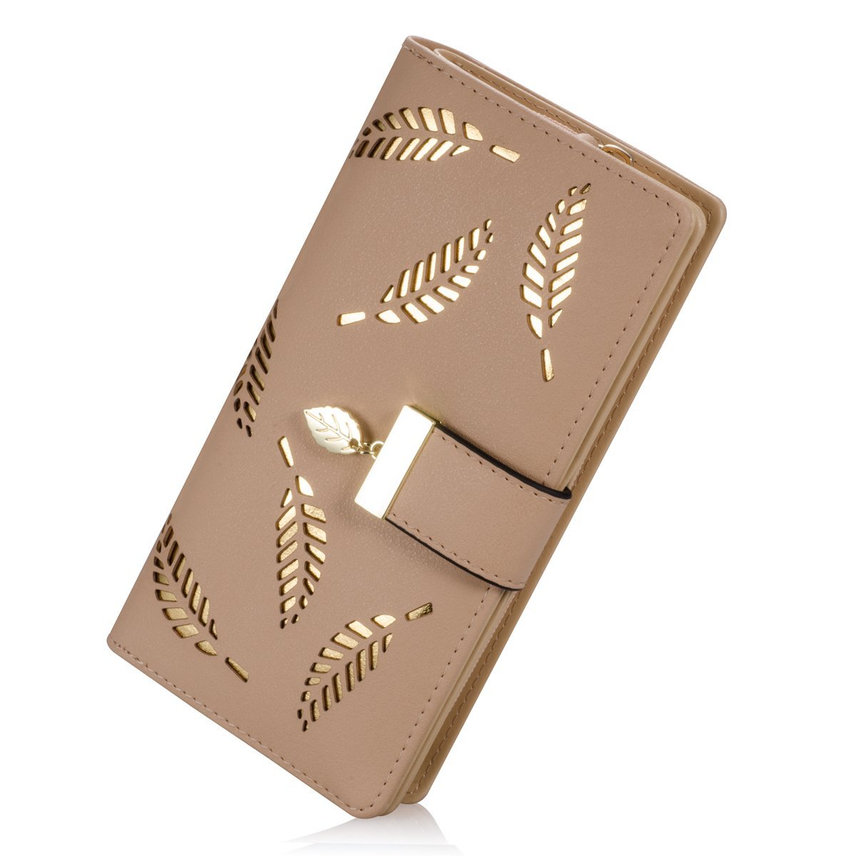 Women's Long Leaf Bifold Wallet Leather Card Holder Purse Zipper Buckle Elegant Clutch Wallet Handbag for Women - Pink