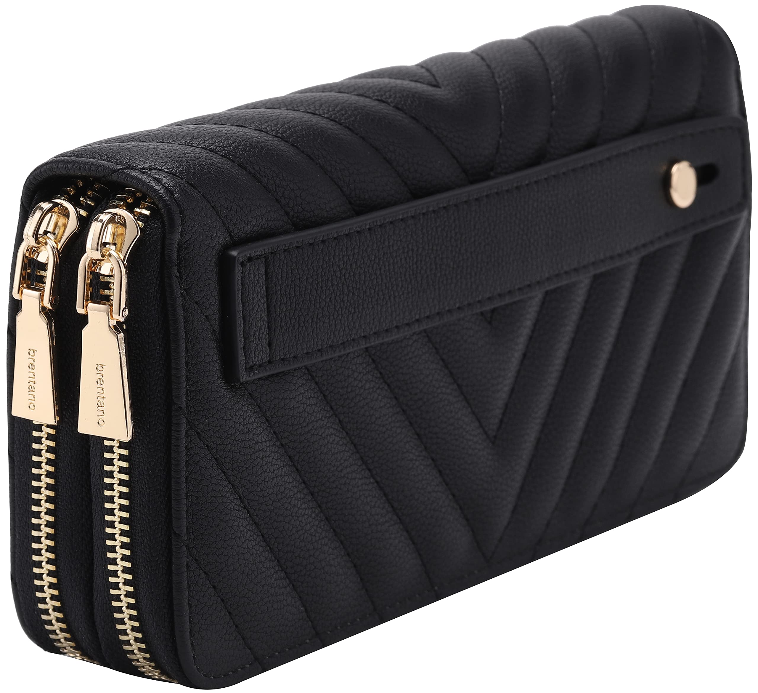 Vegan Leather Double Zipper Pocket Wallet with Grip Hand Strap (Chevron Embroidered Black)