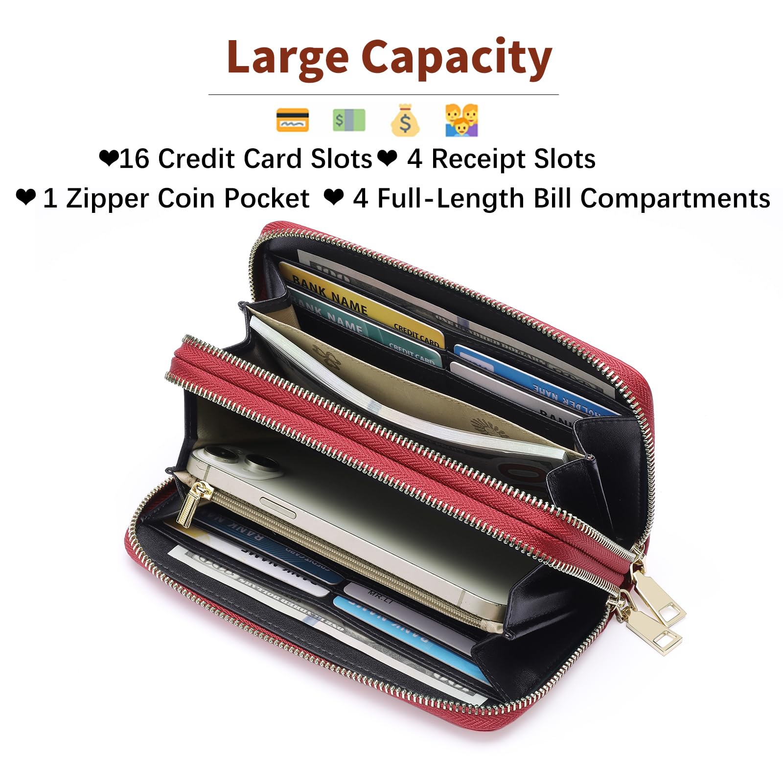 Women's Wallet Large Capacity Double Zip Around Credit Card Holder Leather Ladies Wallet with RFID Blocking Phone Wristlet Purse Black