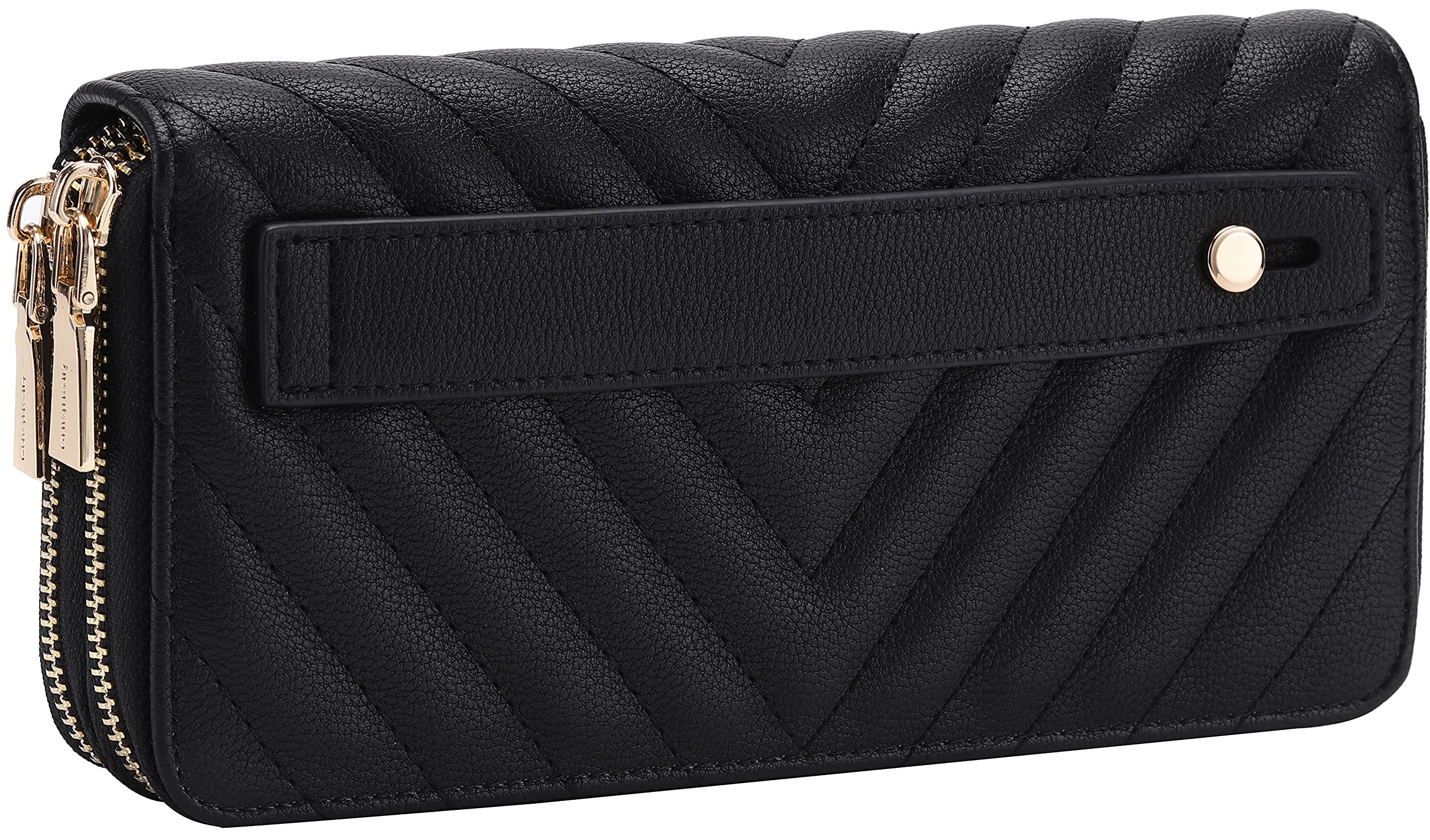 Vegan Leather Double Zipper Pocket Wallet with Grip Hand Strap (Chevron Embroidered Black)