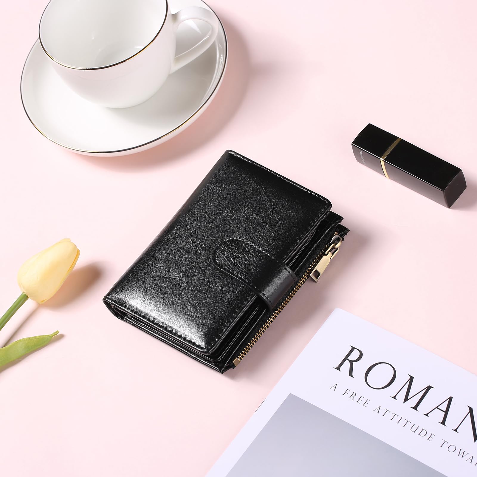 Small Wallets for Women Leather RFID Blocking Bifold Zipper Pocket Wallet Card Case Purse with ID Window