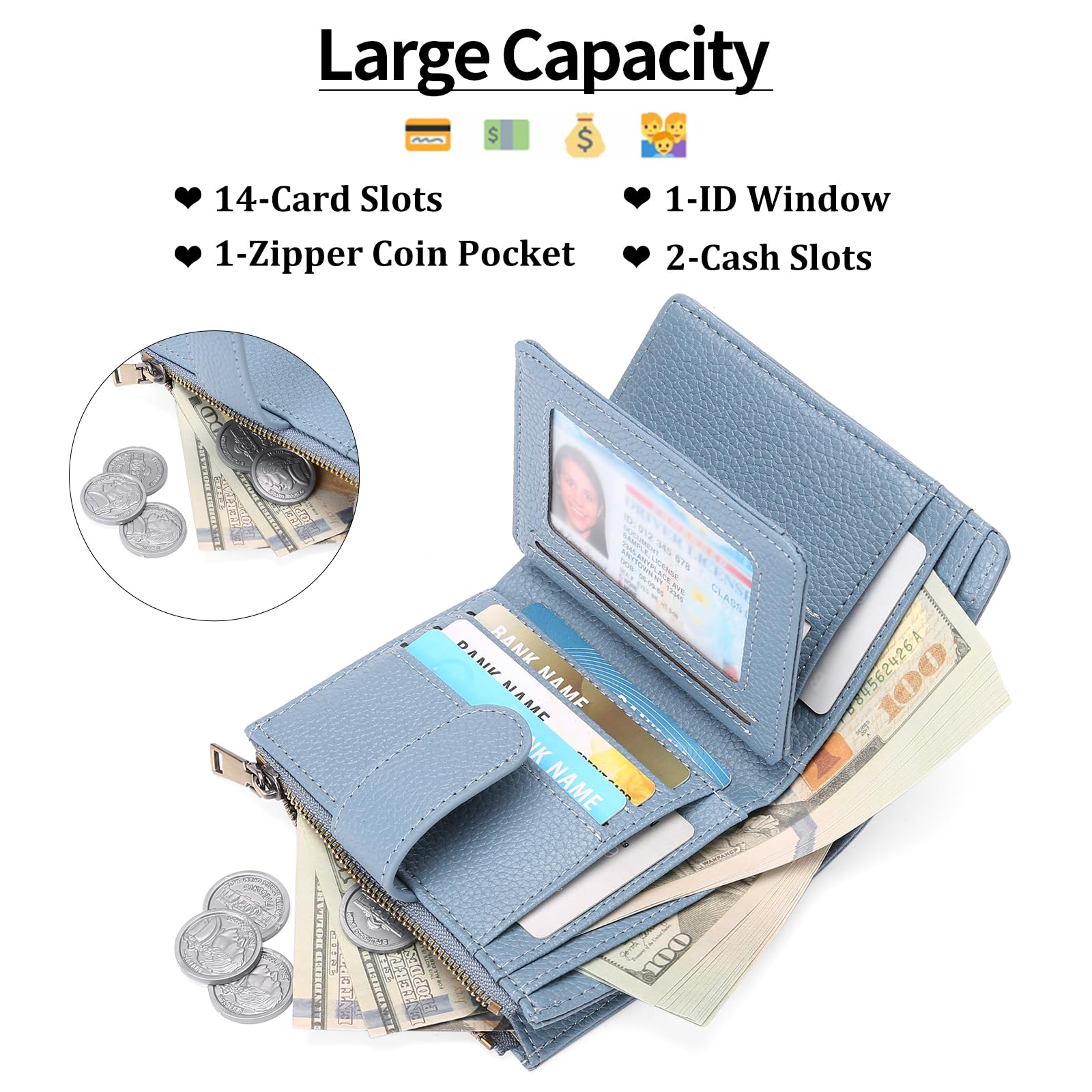 Small Wallets for Women Leather RFID Blocking Bifold Zipper Pocket Wallet Card Case Purse with ID Window