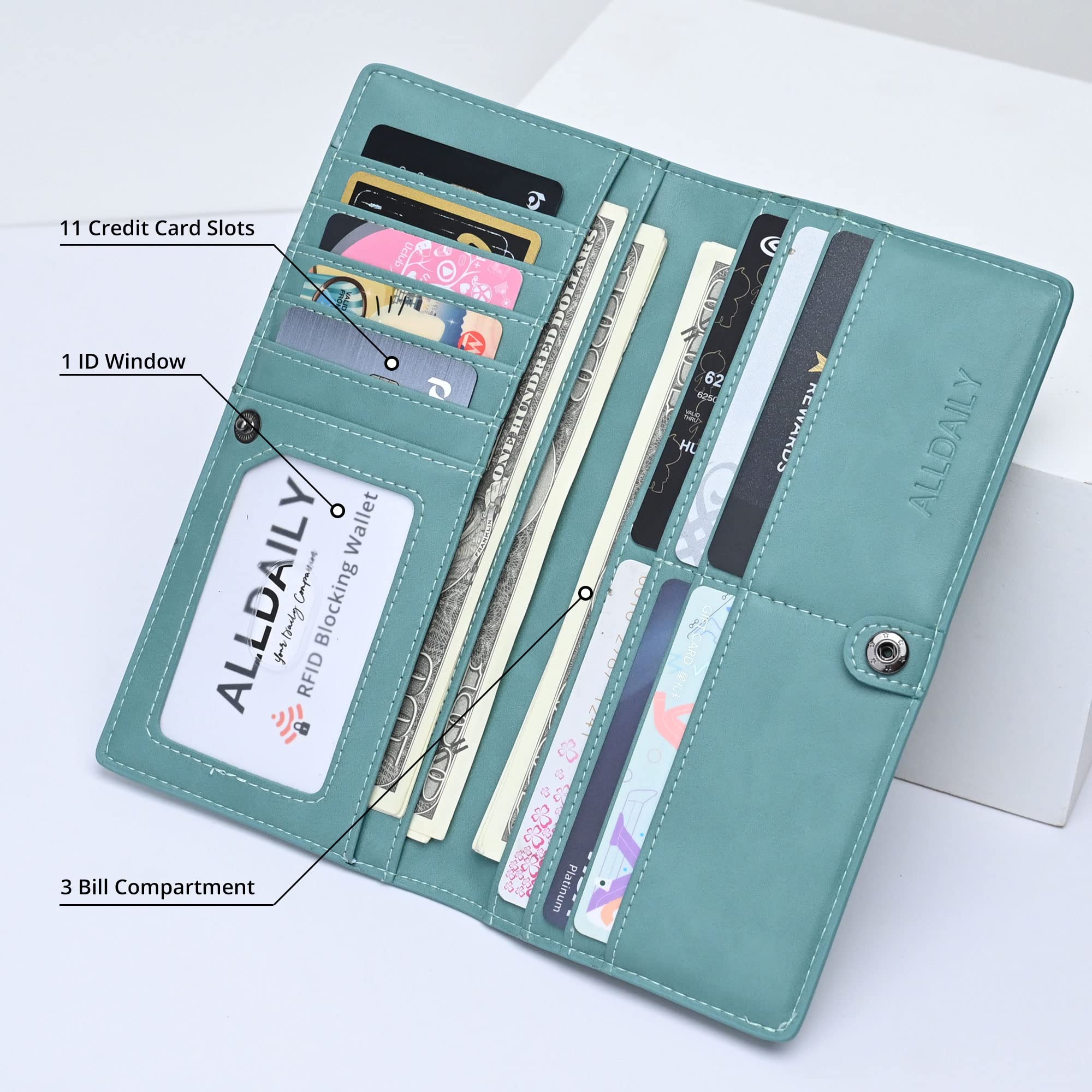 Women Wallet RFID Blocking Credit Card Holder Bifold Long Ladies Billfold (Purist Blue)