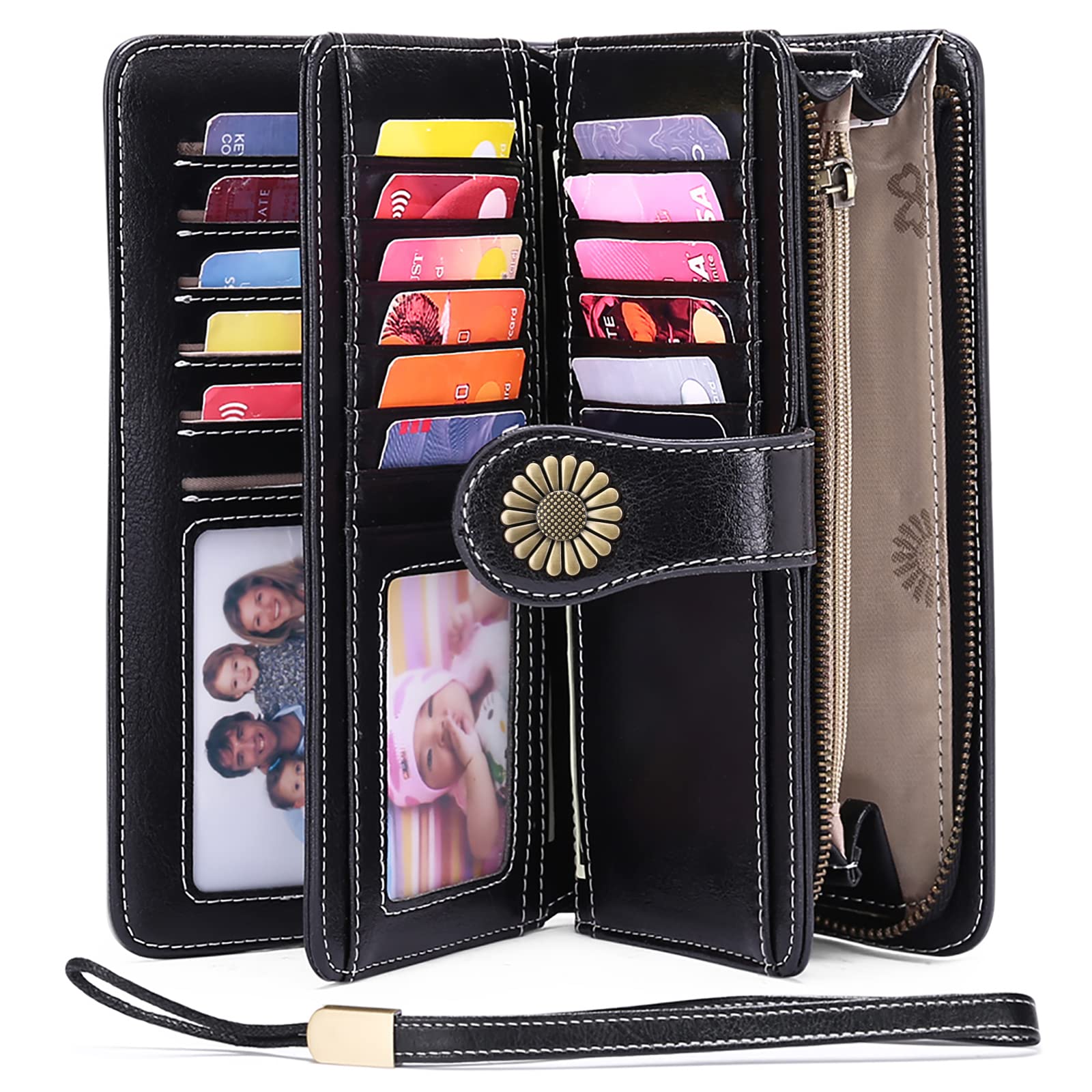 Wallets for Women Genuine Leather Credit Card Holder with RFID Blocking Large Capacity Wristlet