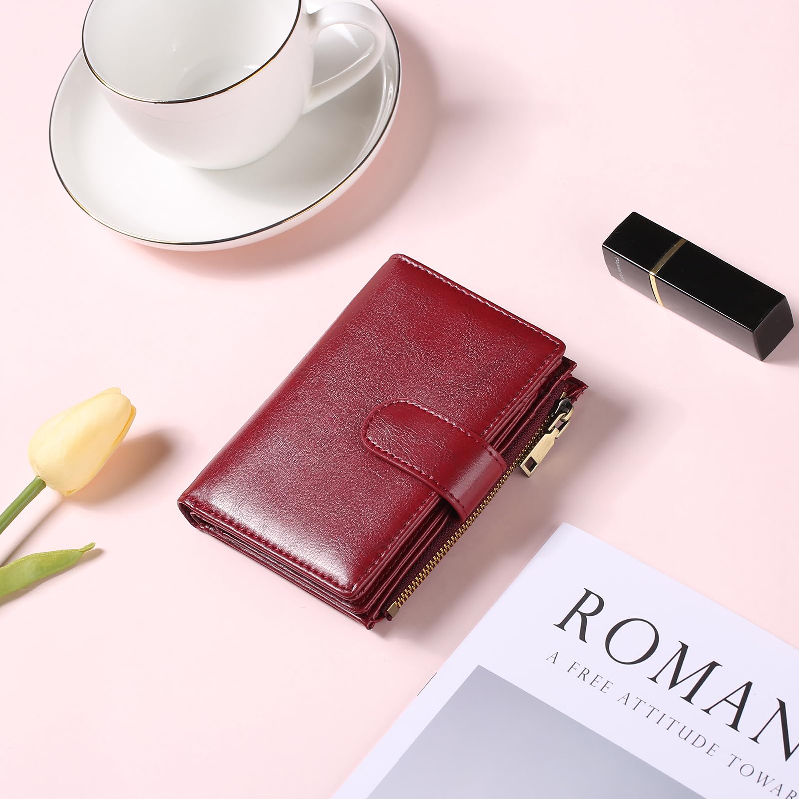 Small Wallets for Women Leather RFID Blocking Bifold Zipper Pocket Wallet Card Case Purse with ID Window