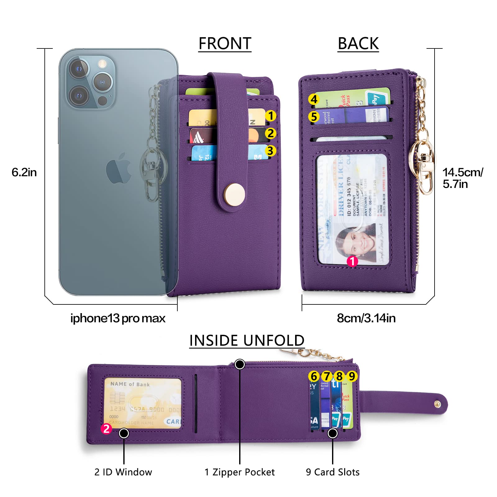 Wallet for Women,RFID Blocking Bifold Credit Card Holder with Zipper Coin Pocket,ID Window &amp; Keychain