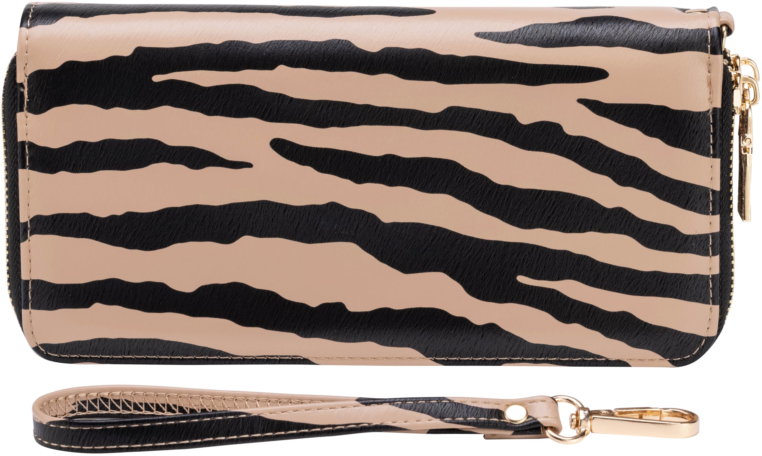 Vegan Leather Double Zipper Pocket Wallet with Grip Hand Strap (Chevron Embroidered Black)