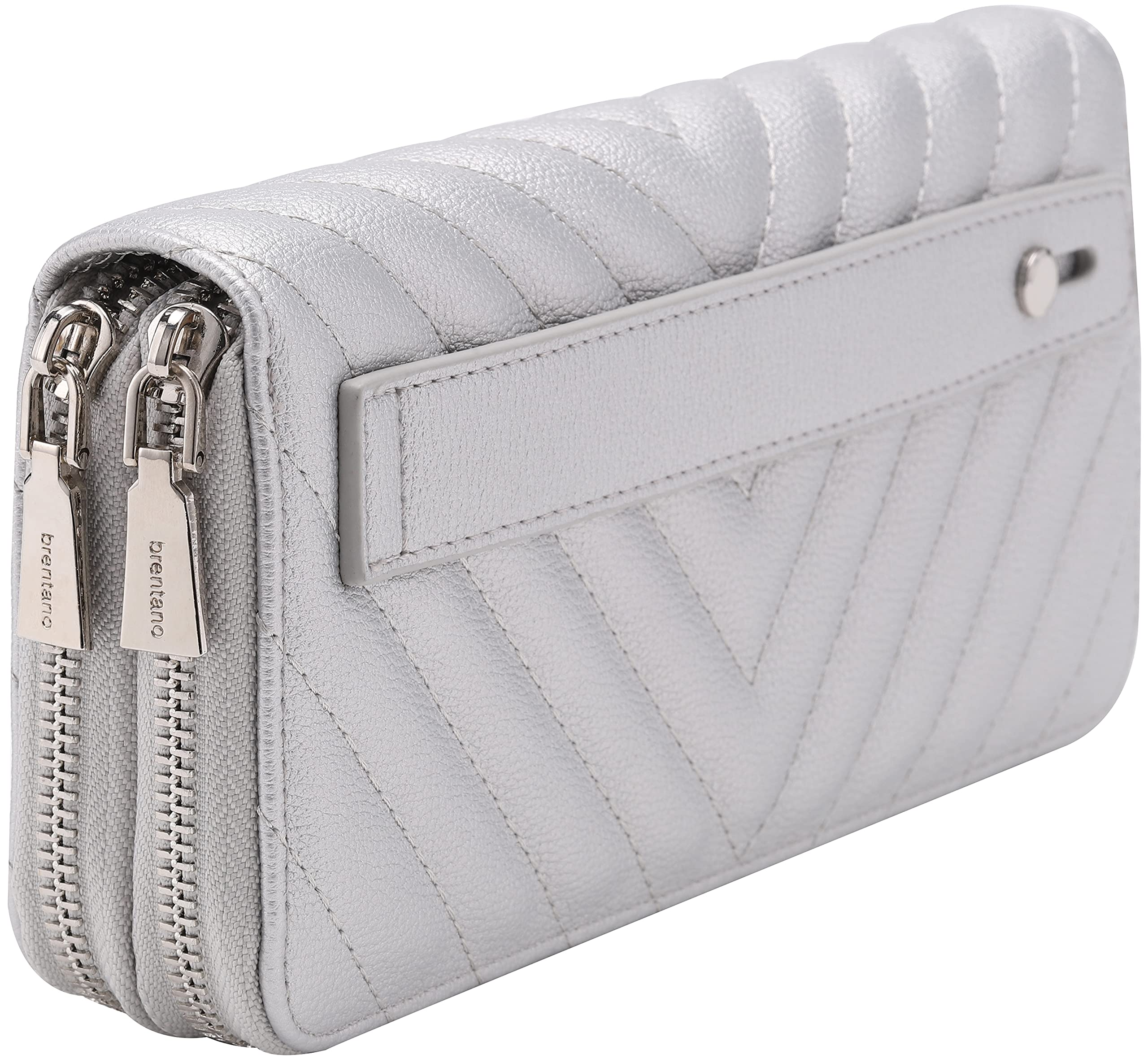 Vegan Leather Double Zipper Pocket Wallet with Grip Hand Strap (Chevron Embroidered Black)