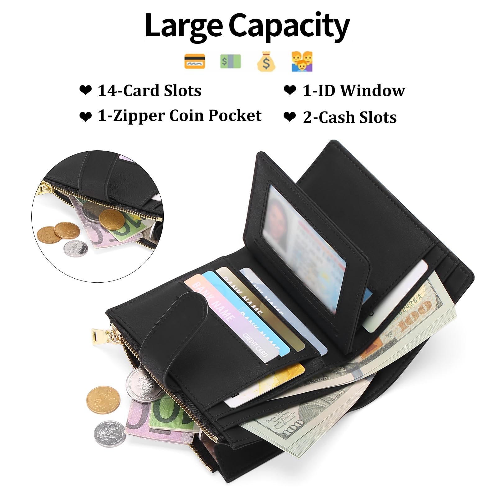 Small Wallets for Women Leather RFID Blocking Bifold Zipper Pocket Wallet Card Case Purse with ID Window