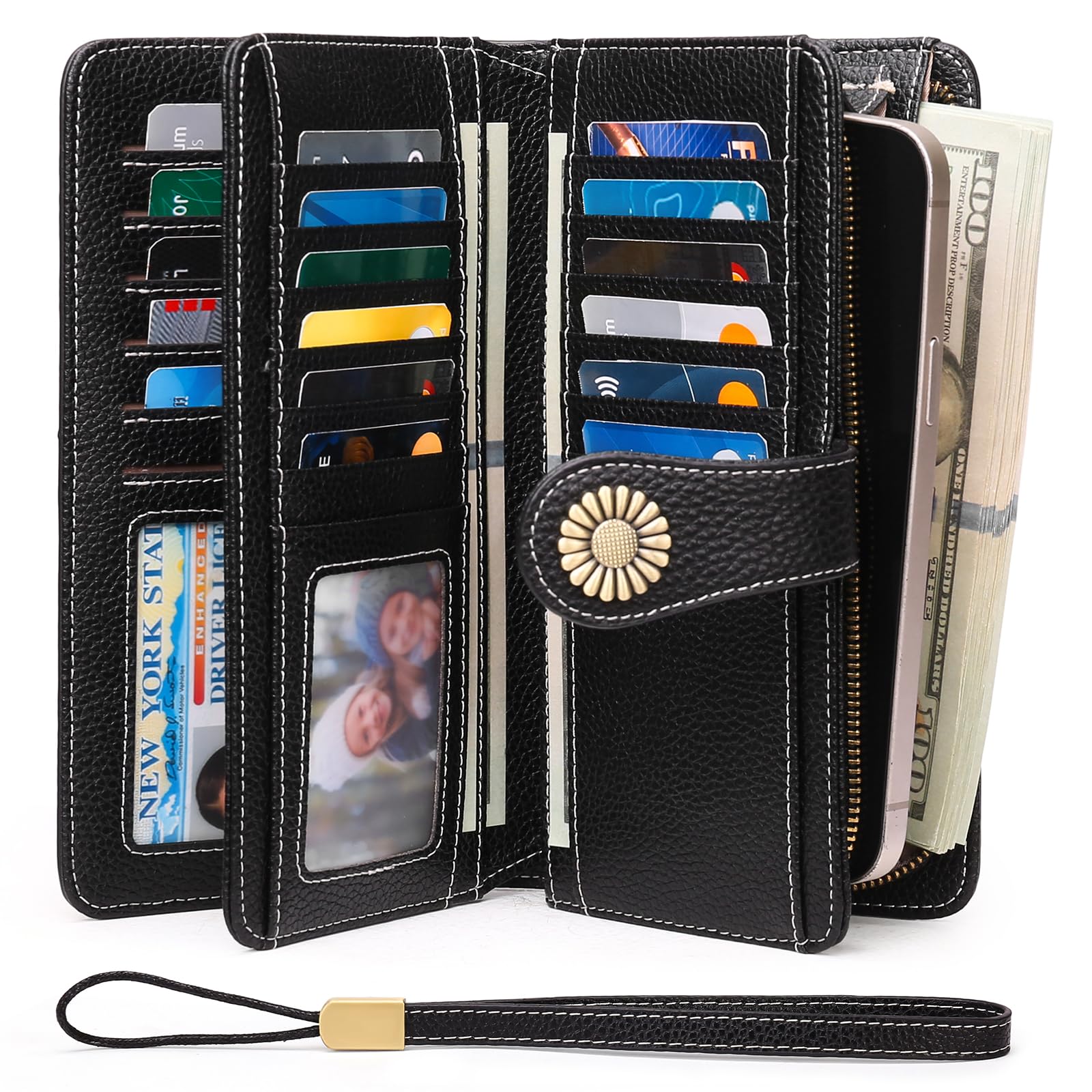 Wallets for Women Genuine Leather Credit Card Holder with RFID Blocking Large Capacity Wristlet