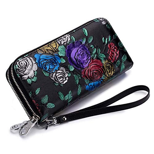 Women's Wallet Large Capacity Double Zip Around Credit Card Holder Leather Ladies Wallet with RFID Blocking Phone Wristlet Purse Black