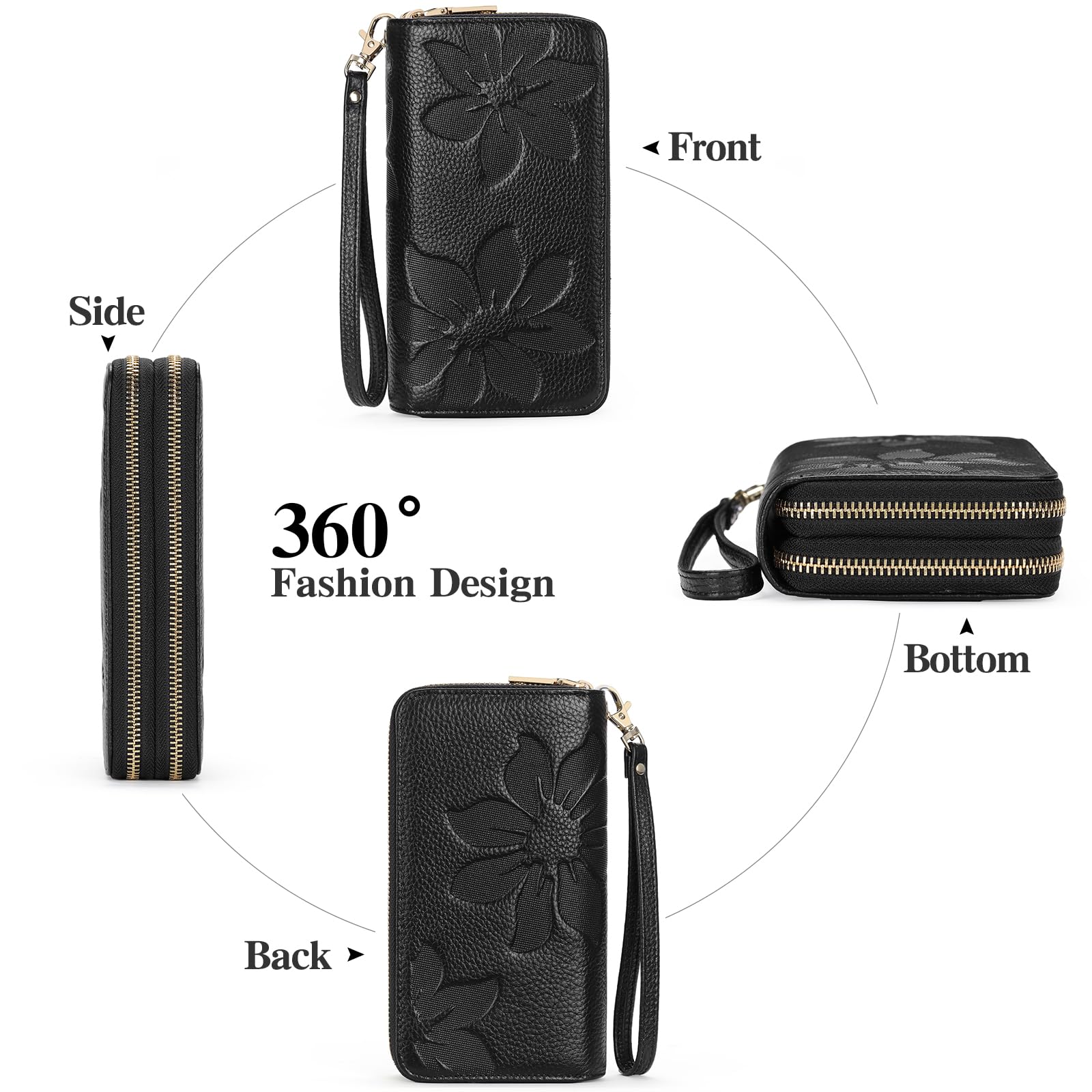 Women's Wallet Large Capacity Double Zip Around Credit Card Holder Leather Ladies Wallet with RFID Blocking Phone Wristlet Purse Black