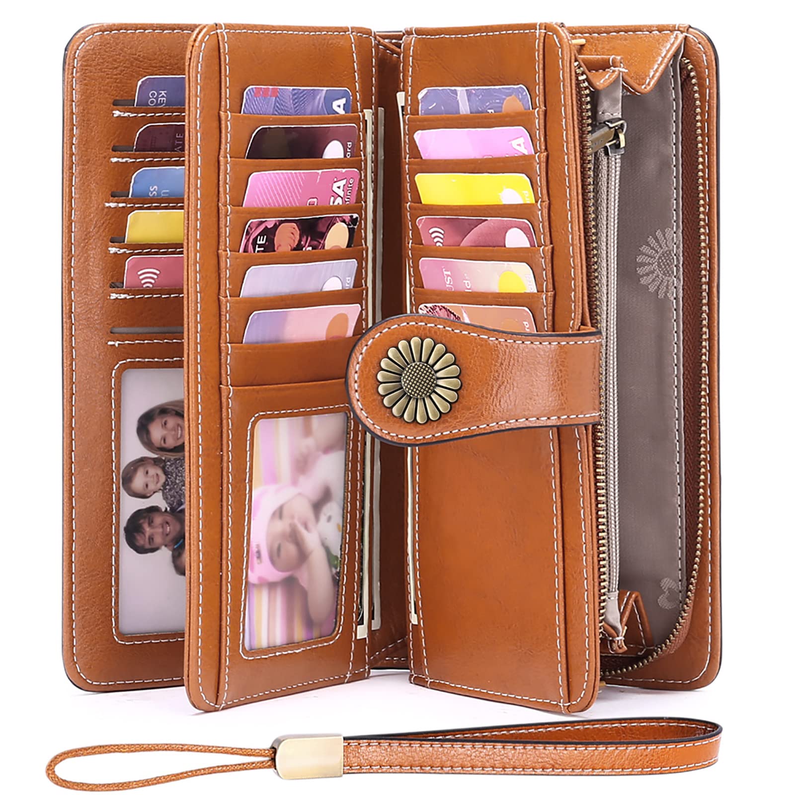 Wallets for Women Genuine Leather Credit Card Holder with RFID Blocking Large Capacity Wristlet