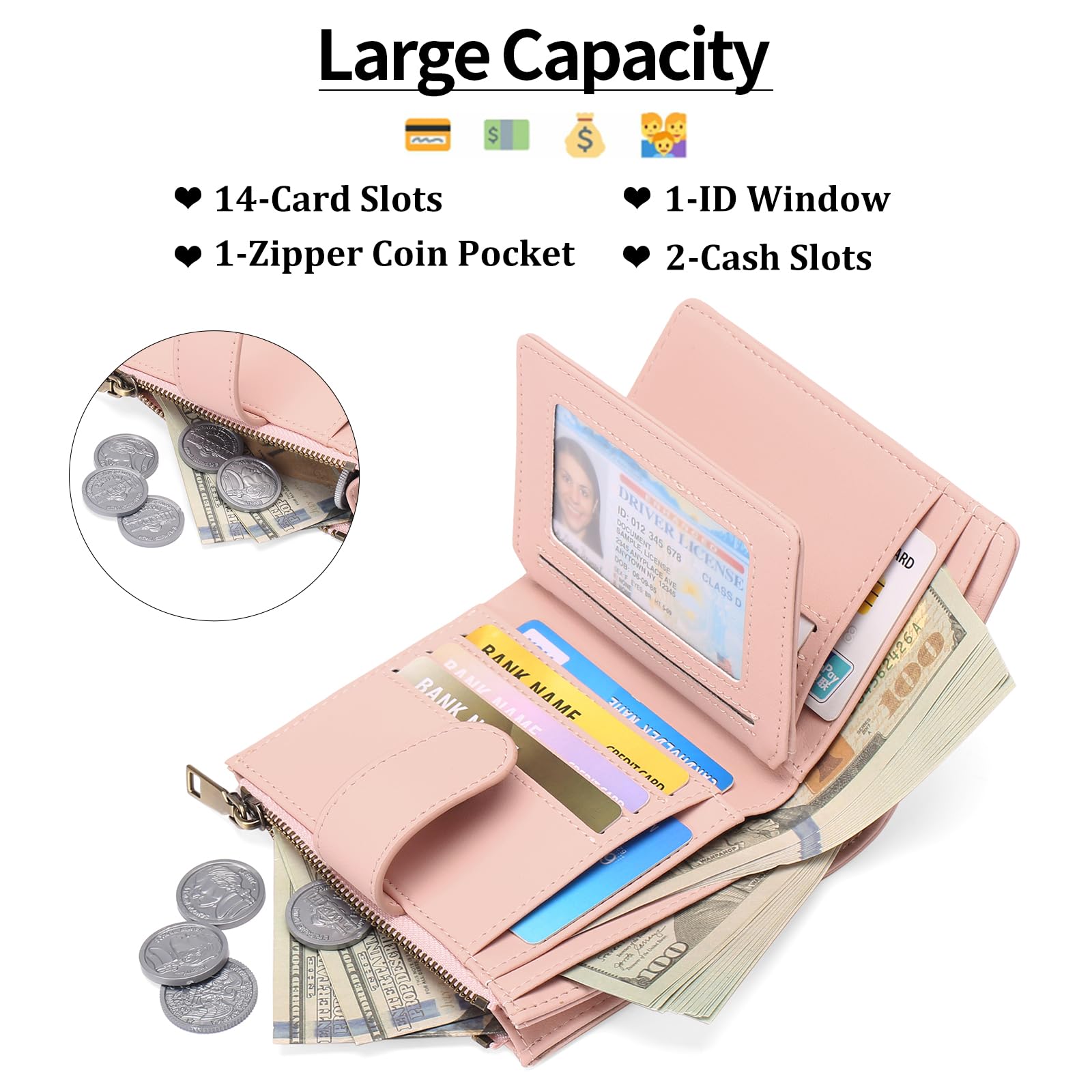 Small Wallets for Women Leather RFID Blocking Bifold Zipper Pocket Wallet Card Case Purse with ID Window