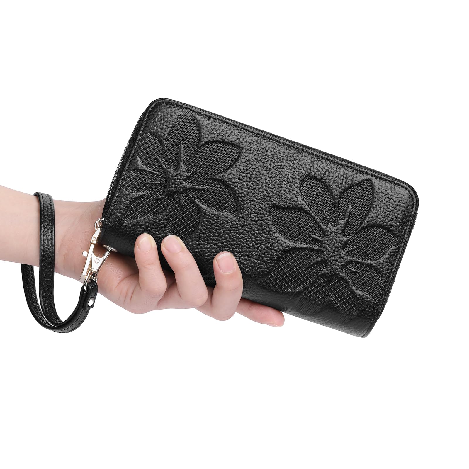 Women's Wallet Large Capacity Double Zip Around Credit Card Holder Leather Ladies Wallet with RFID Blocking Phone Wristlet Purse Black