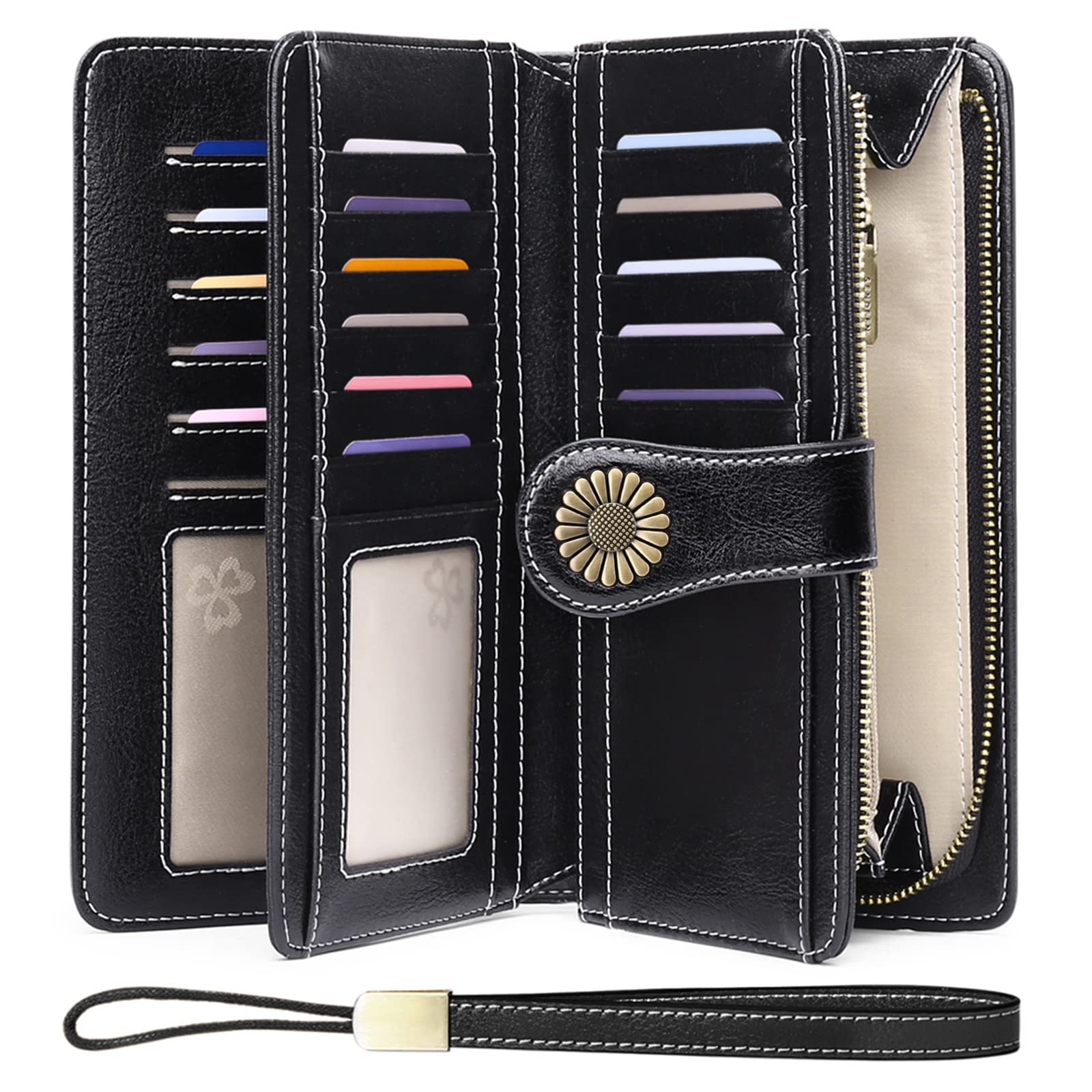 Wallets for Women Genuine Leather Credit Card Holder with RFID Blocking Large Capacity Wristlet