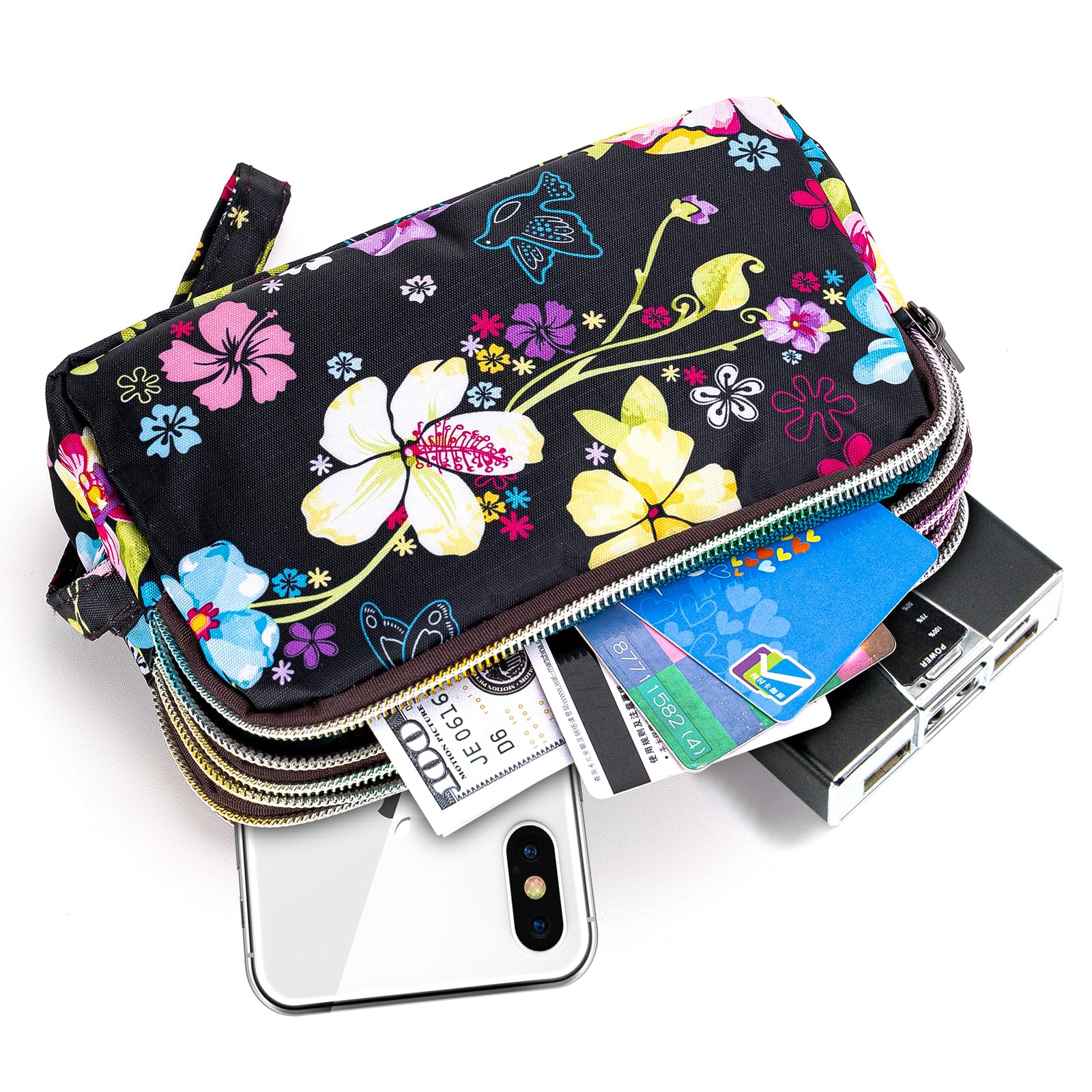 Large Capacity Wristlet Wallet - Women Printed Nylon Waterproof Handbag Clutch Purse