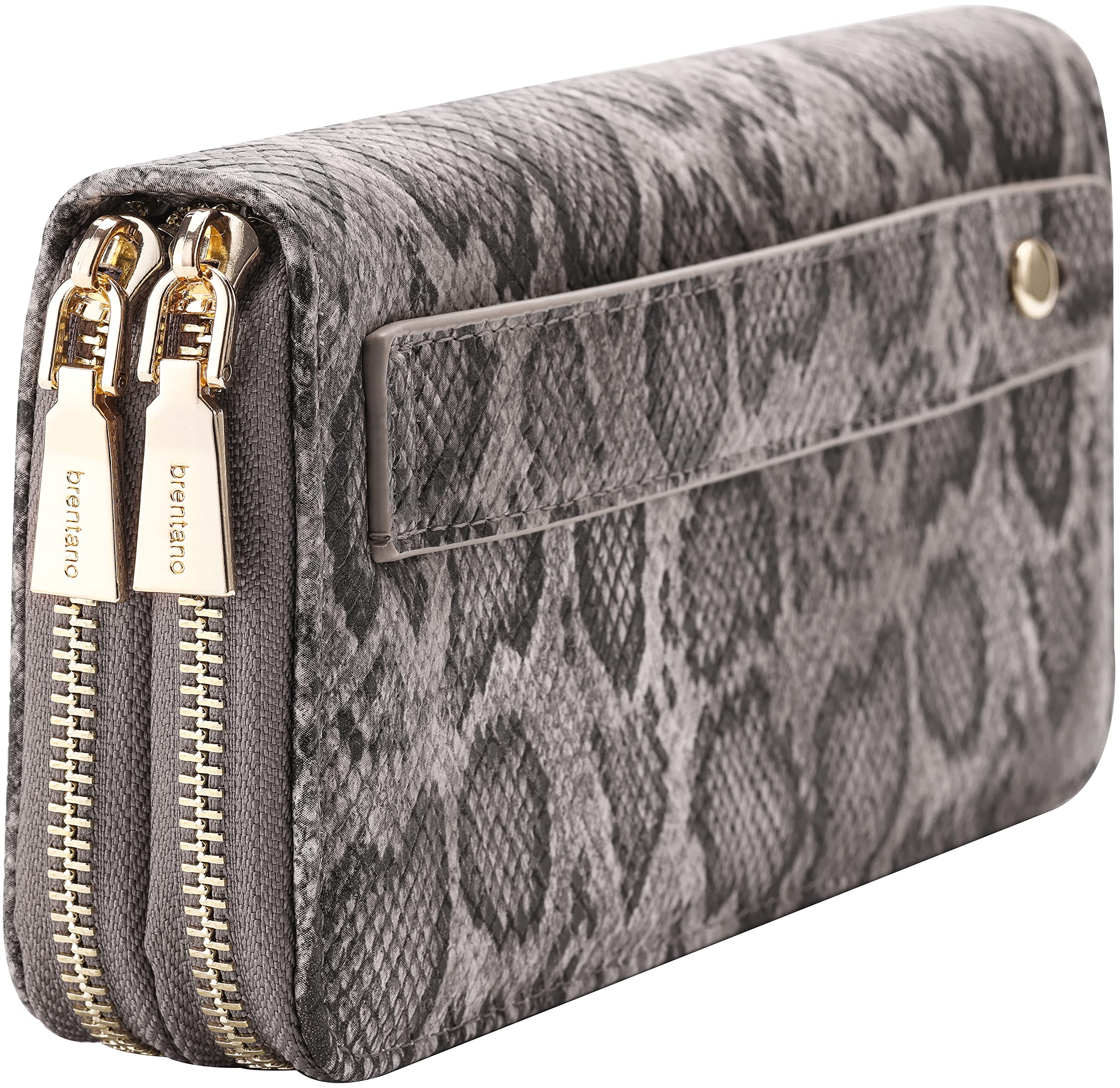 Vegan Leather Double Zipper Pocket Wallet with Grip Hand Strap (Chevron Embroidered Black)