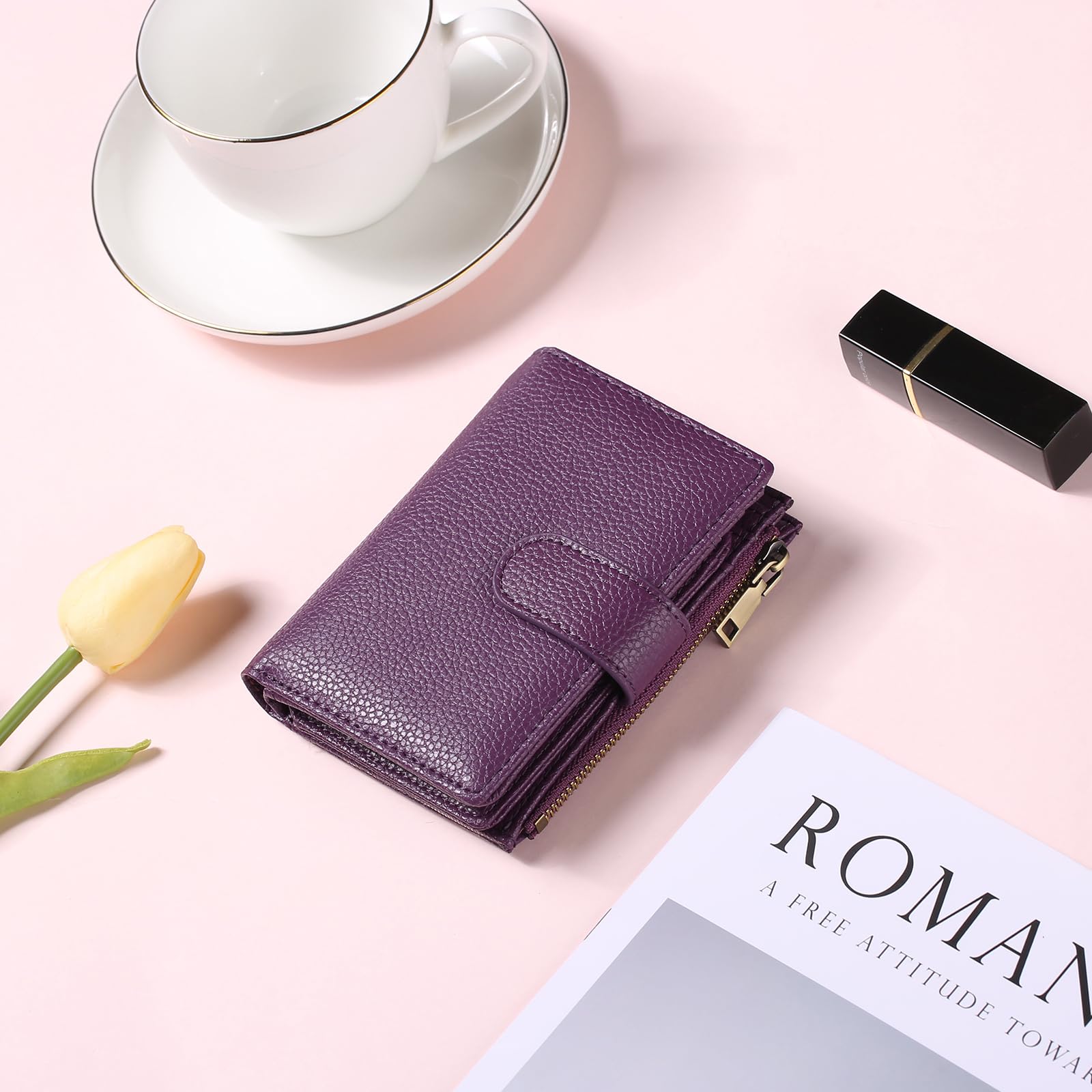 Small Wallets for Women Leather RFID Blocking Bifold Zipper Pocket Wallet Card Case Purse with ID Window