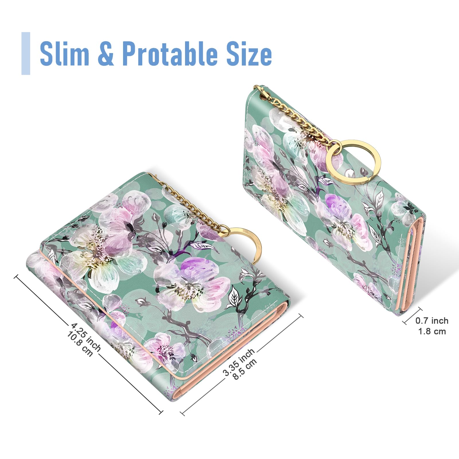 Womens Wallet, Small Slim RFID Card Wallets for Women, Trifold Leather Card Wallet Organizer, Cute Front Pocket Wallets with 7 Card Slots &amp; ID Window, Abstract Boho Leaves