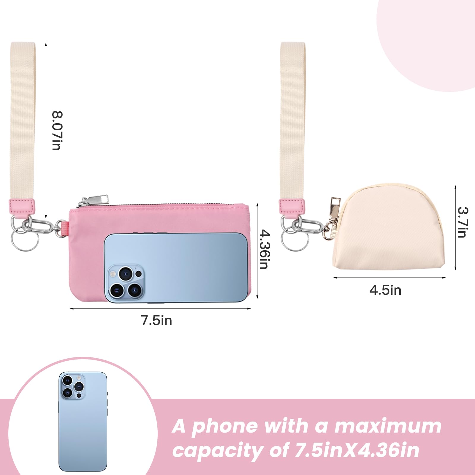 Wristlet keychain Wallet for Women Detachable Dual Pouch Wristlet Cell Phone Purse Portable Mini Phone Coin Wallet Purse Coin Pocket (Pink+White)