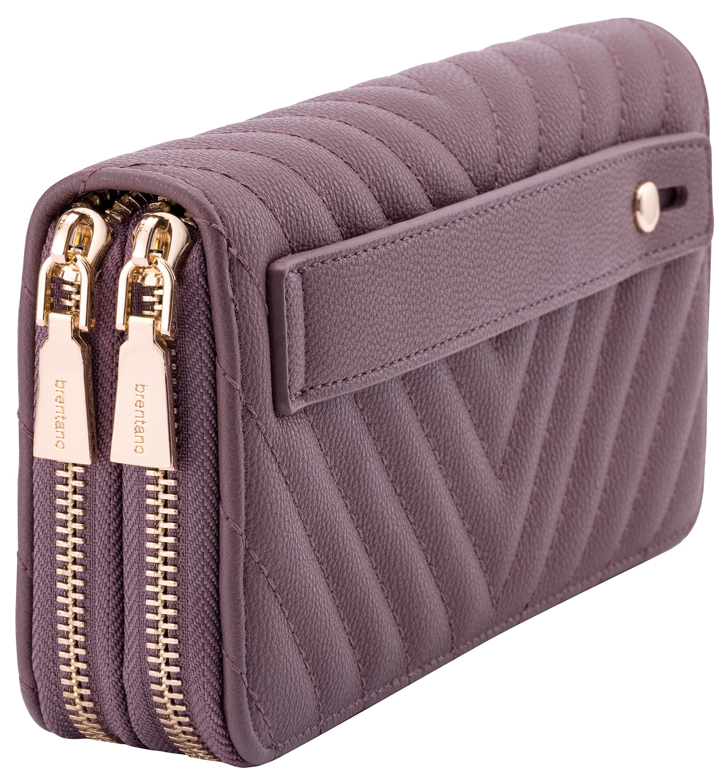 Vegan Leather Double Zipper Pocket Wallet with Grip Hand Strap (Chevron Embroidered Black)