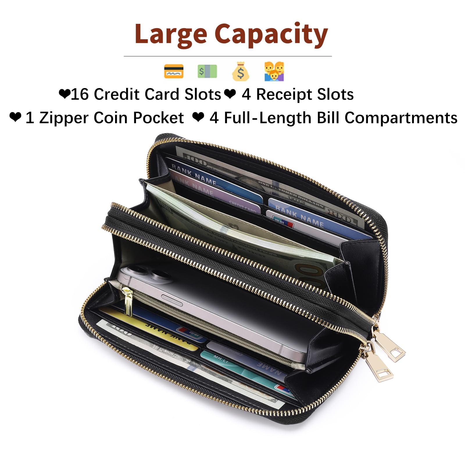 Women's Wallet Large Capacity Double Zip Around Credit Card Holder Leather Ladies Wallet with RFID Blocking Phone Wristlet Purse Black