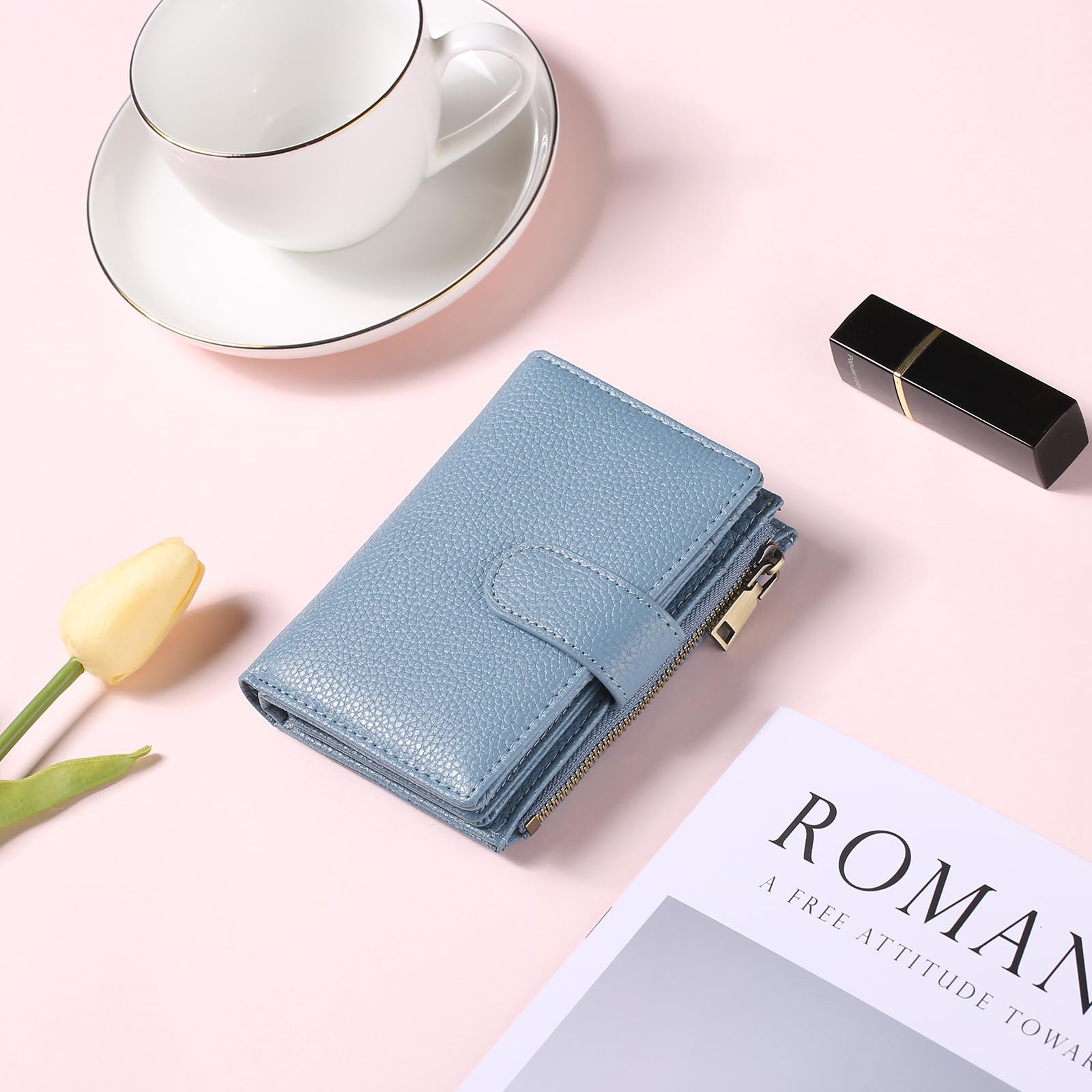 Small Wallets for Women Leather RFID Blocking Bifold Zipper Pocket Wallet Card Case Purse with ID Window