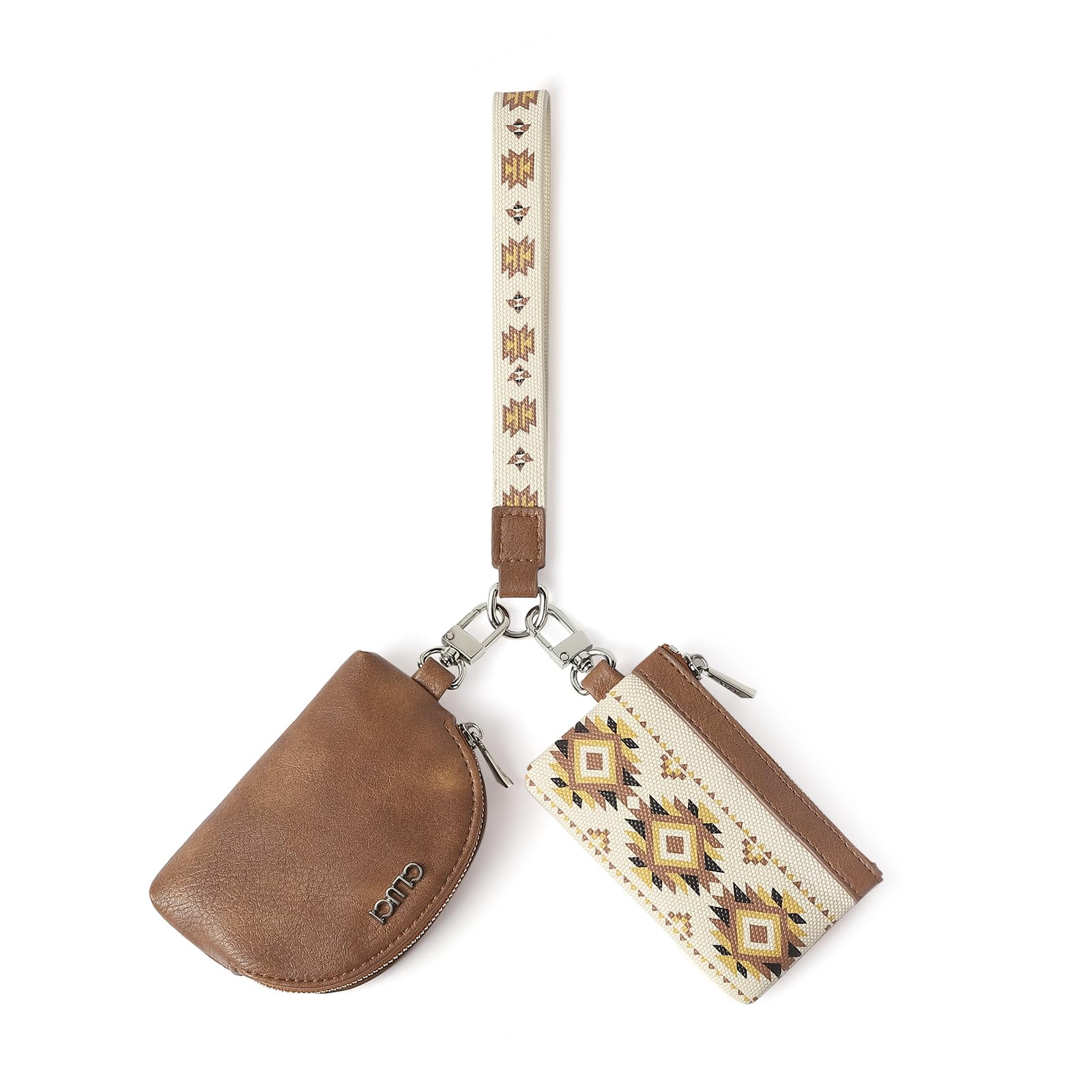 Pouch Wristlet Wallet Detachable Leather Keychain Wallet for Women Clutch Zipper Coin Purse Beige With Brown