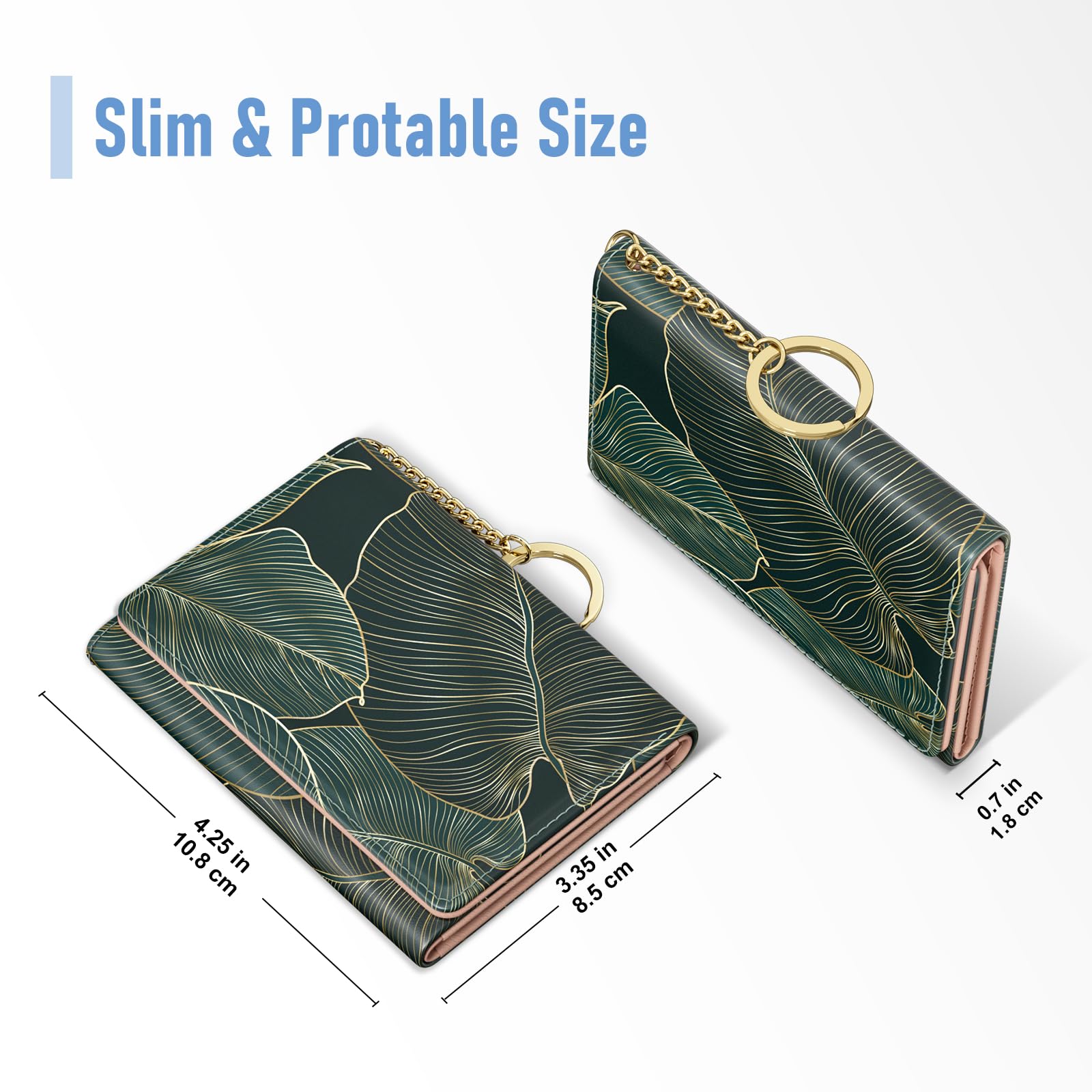 Womens Wallet, Small Slim RFID Card Wallets for Women, Trifold Leather Card Wallet Organizer, Cute Front Pocket Wallets with 7 Card Slots &amp; ID Window, Abstract Boho Leaves