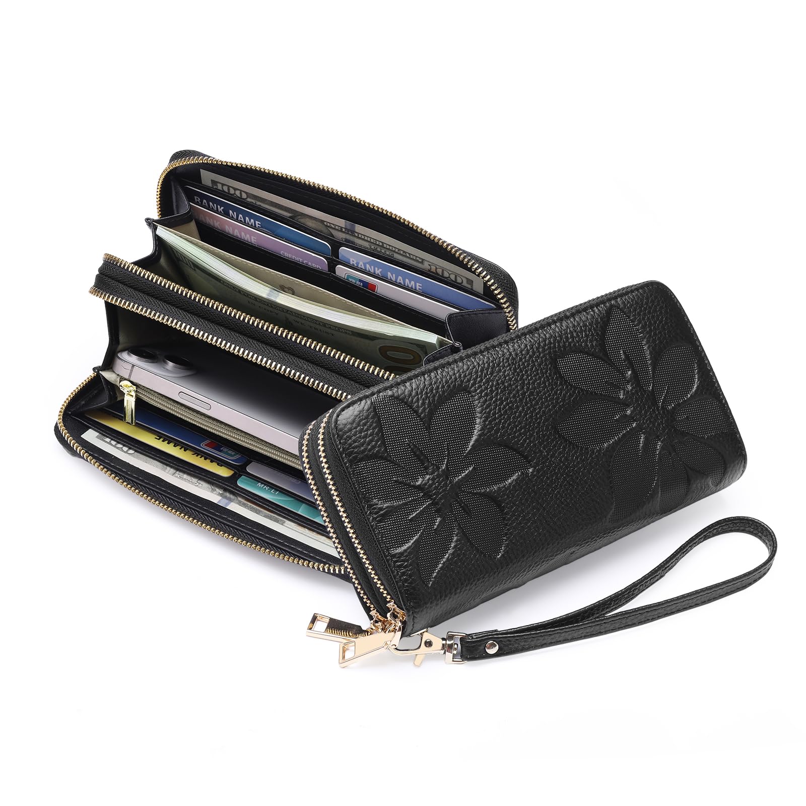 Women's Wallet Large Capacity Double Zip Around Credit Card Holder Leather Ladies Wallet with RFID Blocking Phone Wristlet Purse Black