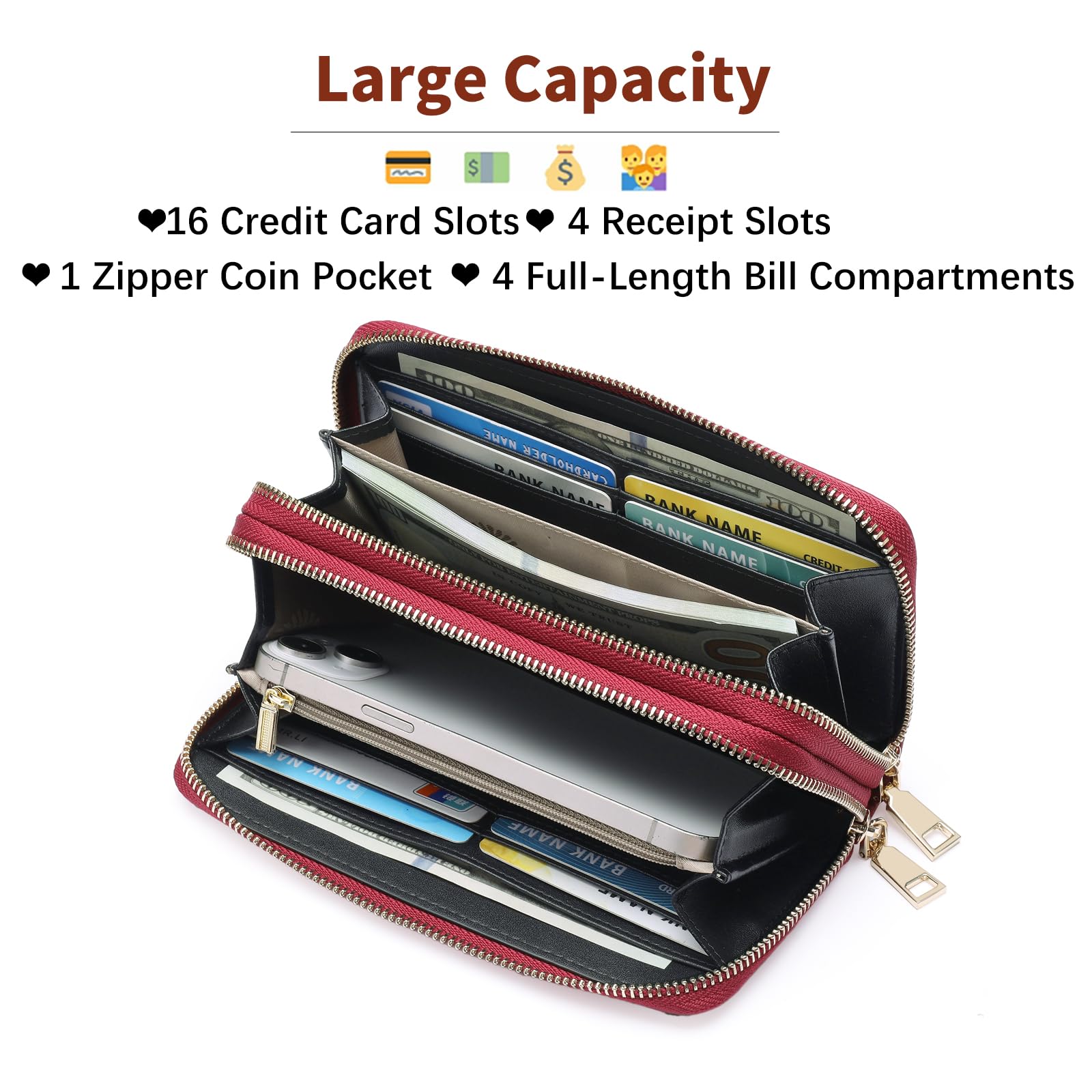 Women's Wallet Large Capacity Double Zip Around Credit Card Holder Leather Ladies Wallet with RFID Blocking Phone Wristlet Purse Black