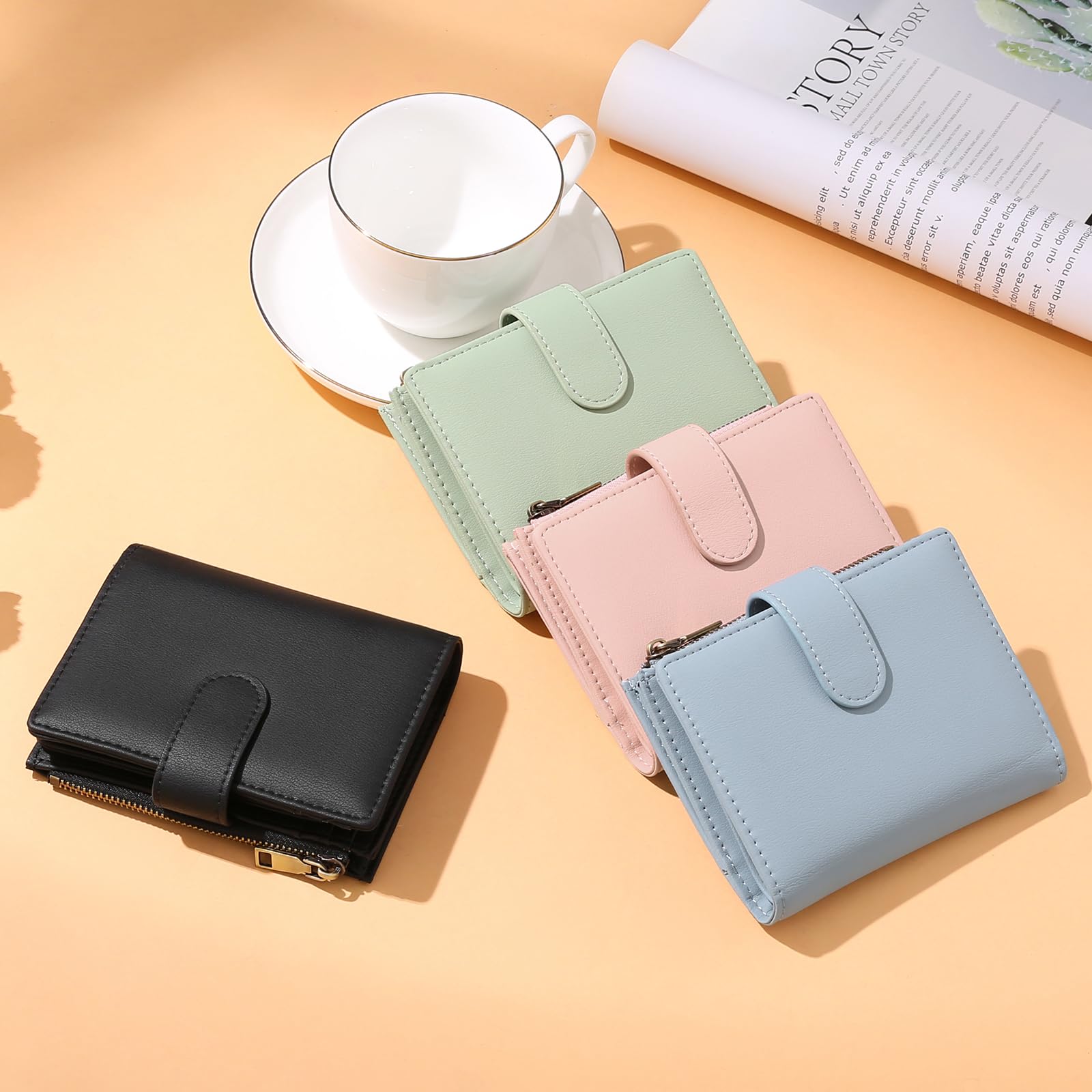 Small Wallets for Women Leather RFID Blocking Bifold Zipper Pocket Wallet Card Case Purse with ID Window