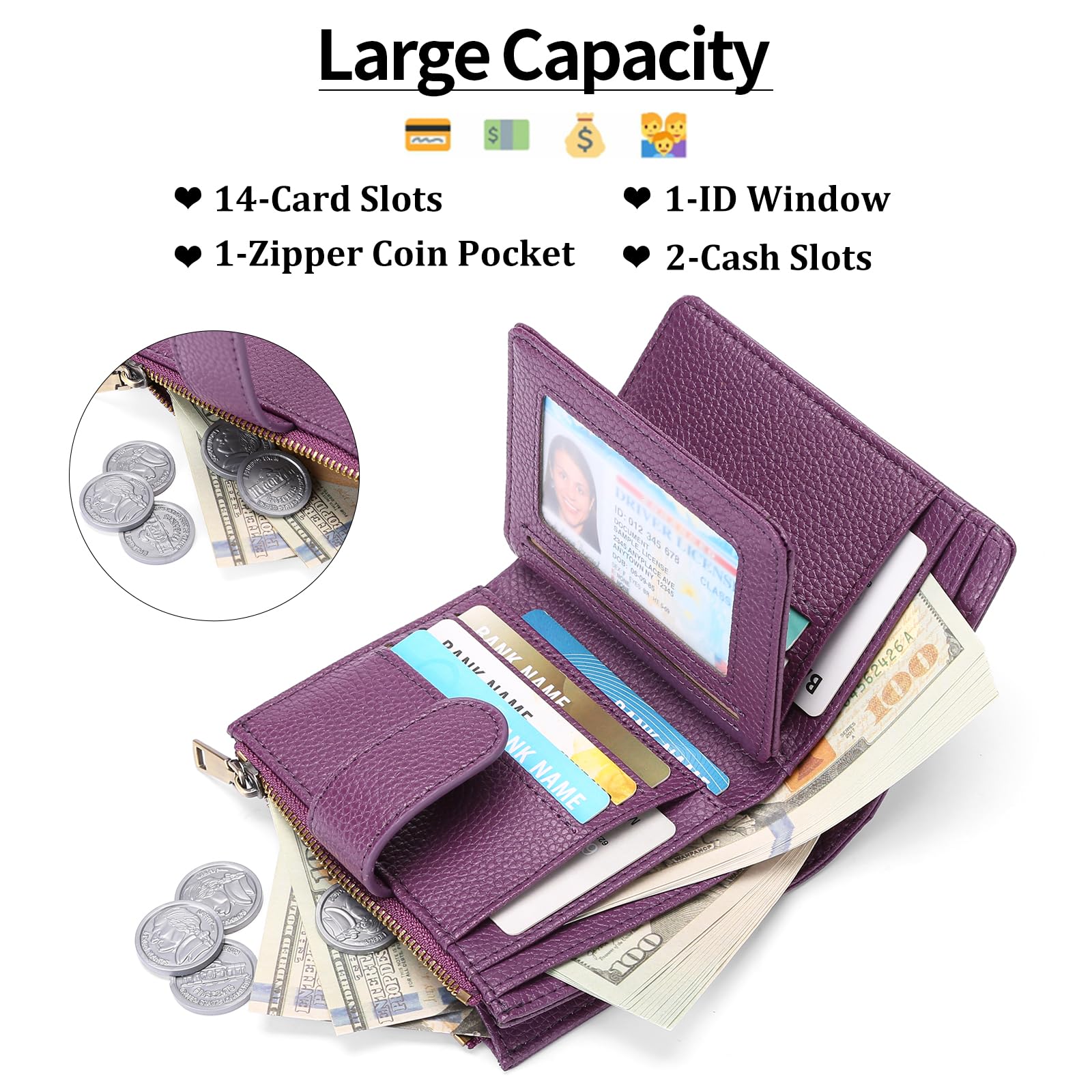 Small Wallets for Women Leather RFID Blocking Bifold Zipper Pocket Wallet Card Case Purse with ID Window