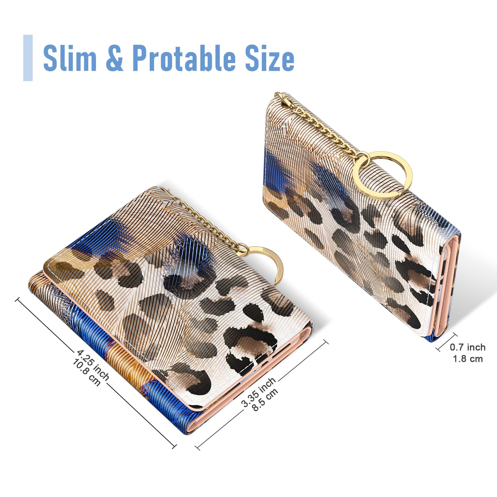 Womens Wallet, Small Slim RFID Card Wallets for Women, Trifold Leather Card Wallet Organizer, Cute Front Pocket Wallets with 7 Card Slots &amp; ID Window, Abstract Boho Leaves