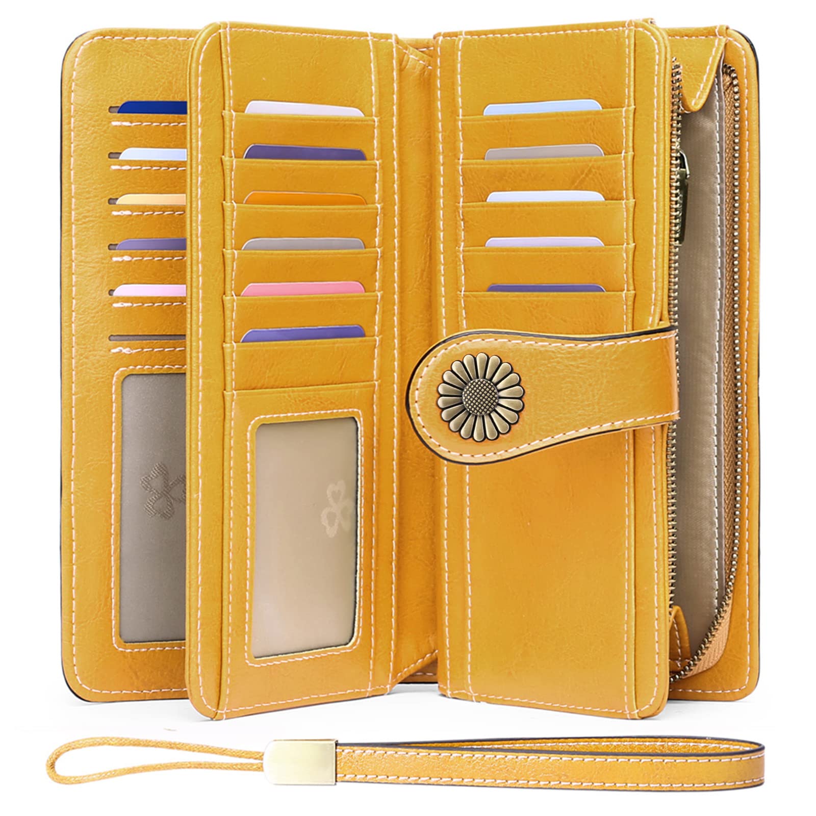 Wallets for Women Genuine Leather Credit Card Holder with RFID Blocking Large Capacity Wristlet