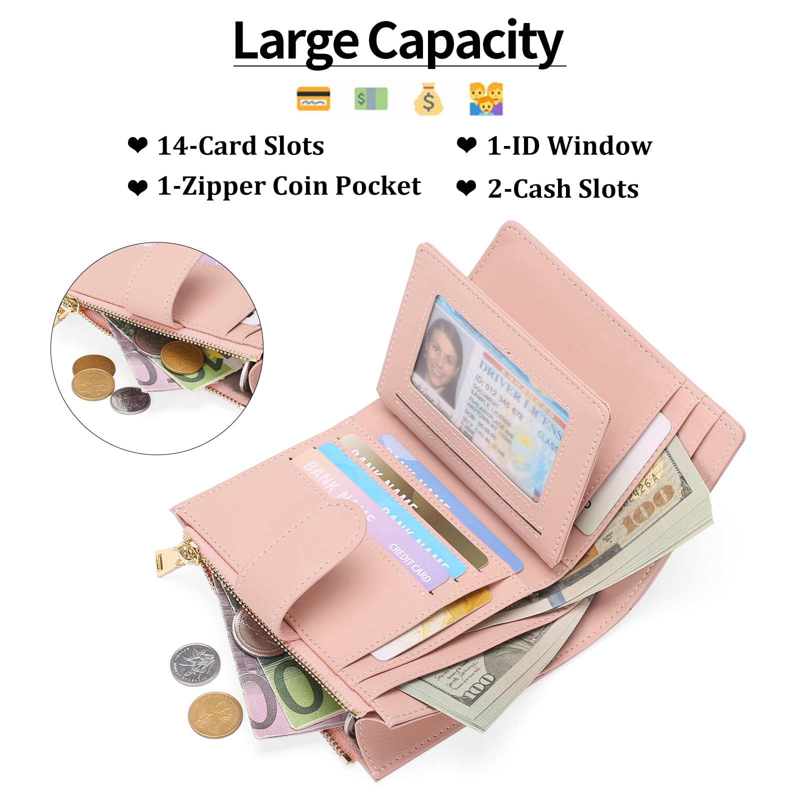 Small Wallets for Women Leather RFID Blocking Bifold Zipper Pocket Wallet Card Case Purse with ID Window