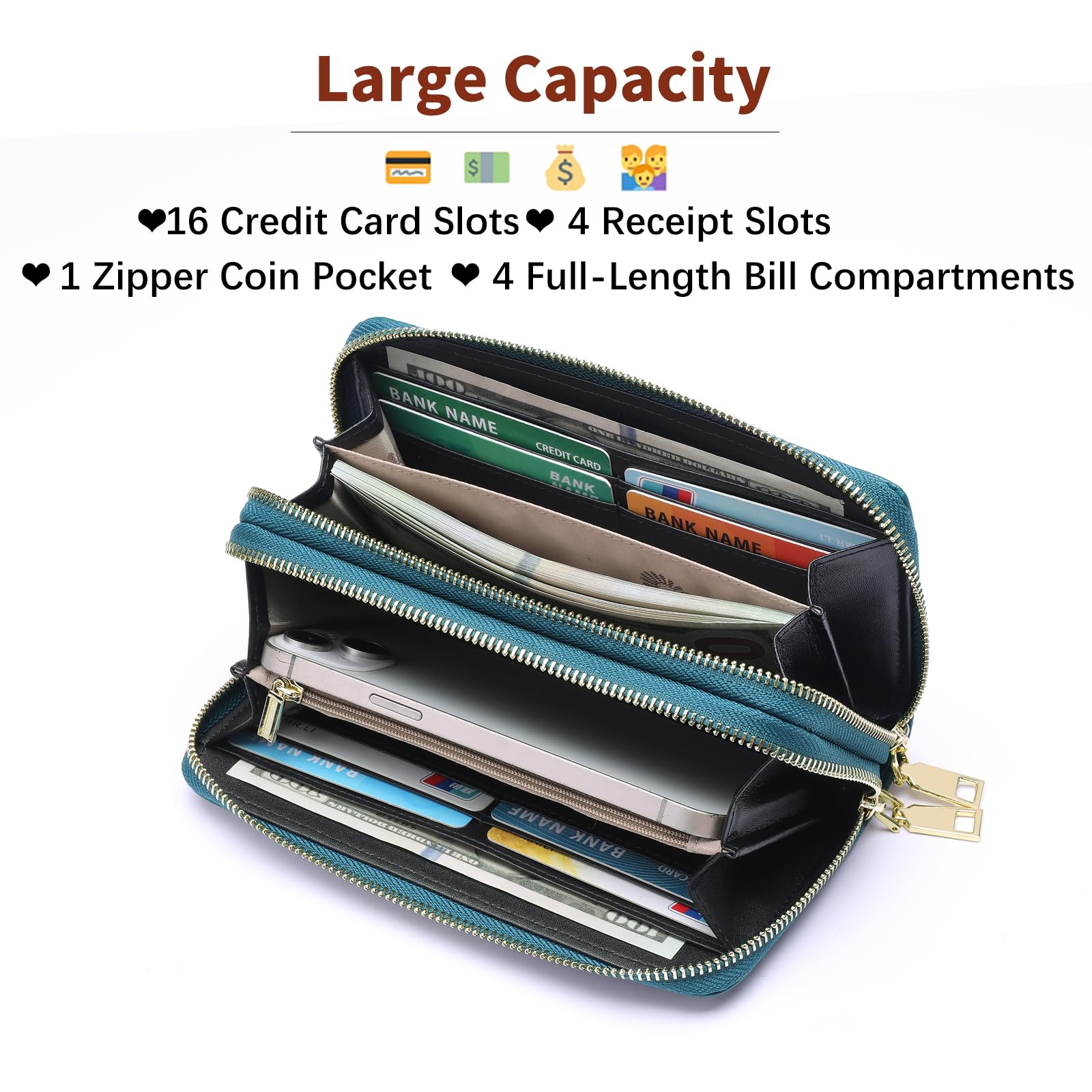 Women's Wallet Large Capacity Double Zip Around Credit Card Holder Leather Ladies Wallet with RFID Blocking Phone Wristlet Purse Black