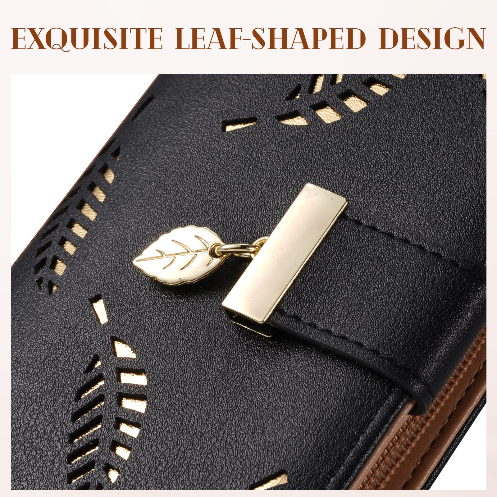 Women's Long Leaf Bifold Wallet Leather Card Holder Purse Zipper Buckle Elegant Clutch Wallet Handbag for Women - Pink