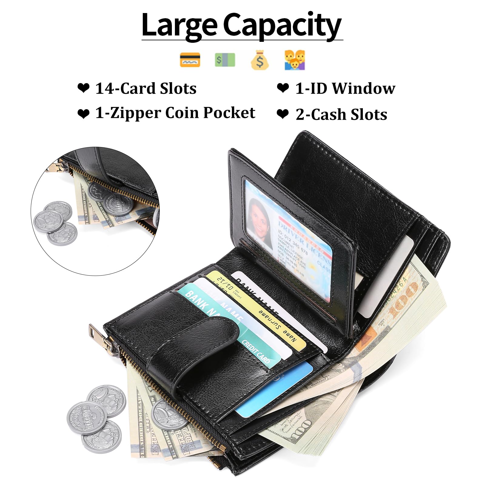 Small Wallets for Women Leather RFID Blocking Bifold Zipper Pocket Wallet Card Case Purse with ID Window