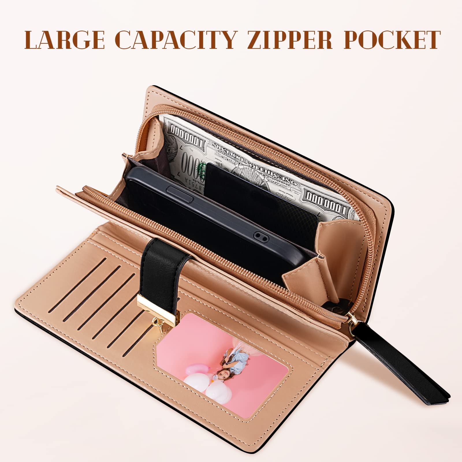 Women's Long Leaf Bifold Wallet Leather Card Holder Purse Zipper Buckle Elegant Clutch Wallet Handbag for Women - Pink