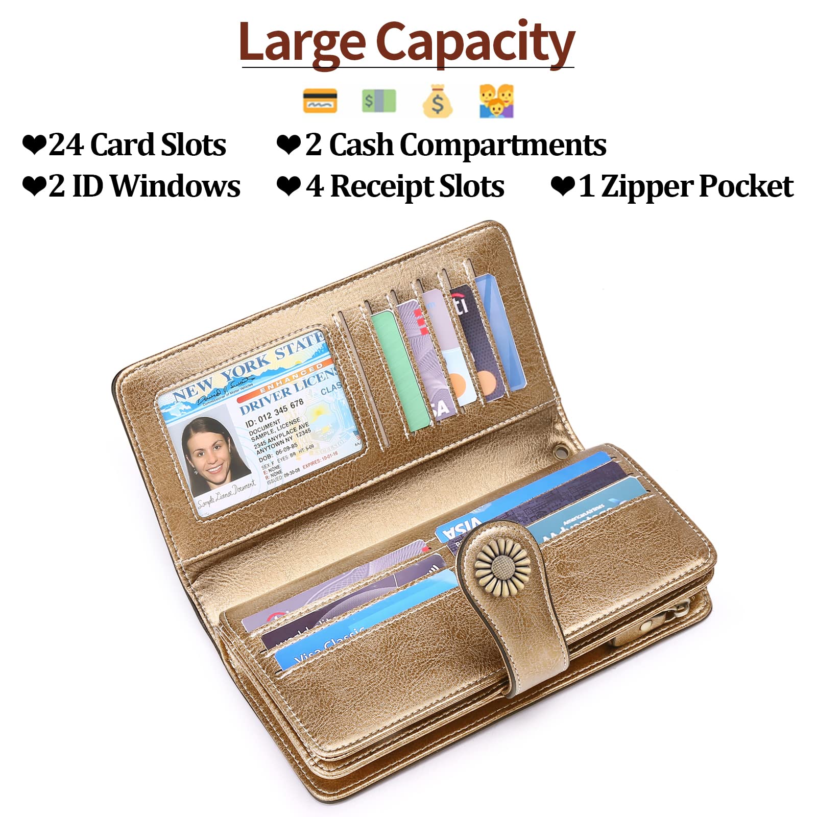 Wallets for Women Genuine Leather Credit Card Holder with RFID Blocking Large Capacity Wristlet