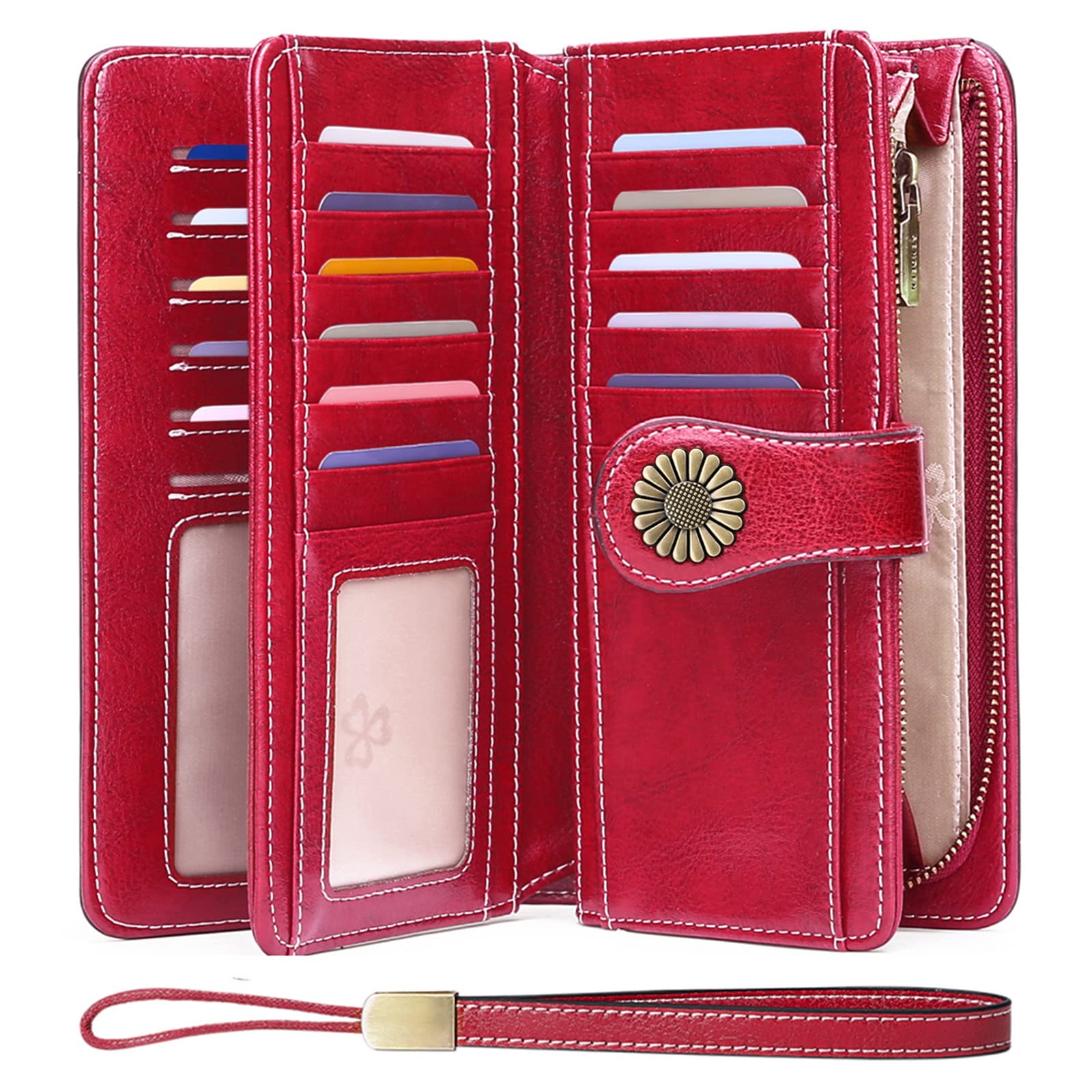 Wallets for Women Genuine Leather Credit Card Holder with RFID Blocking Large Capacity Wristlet