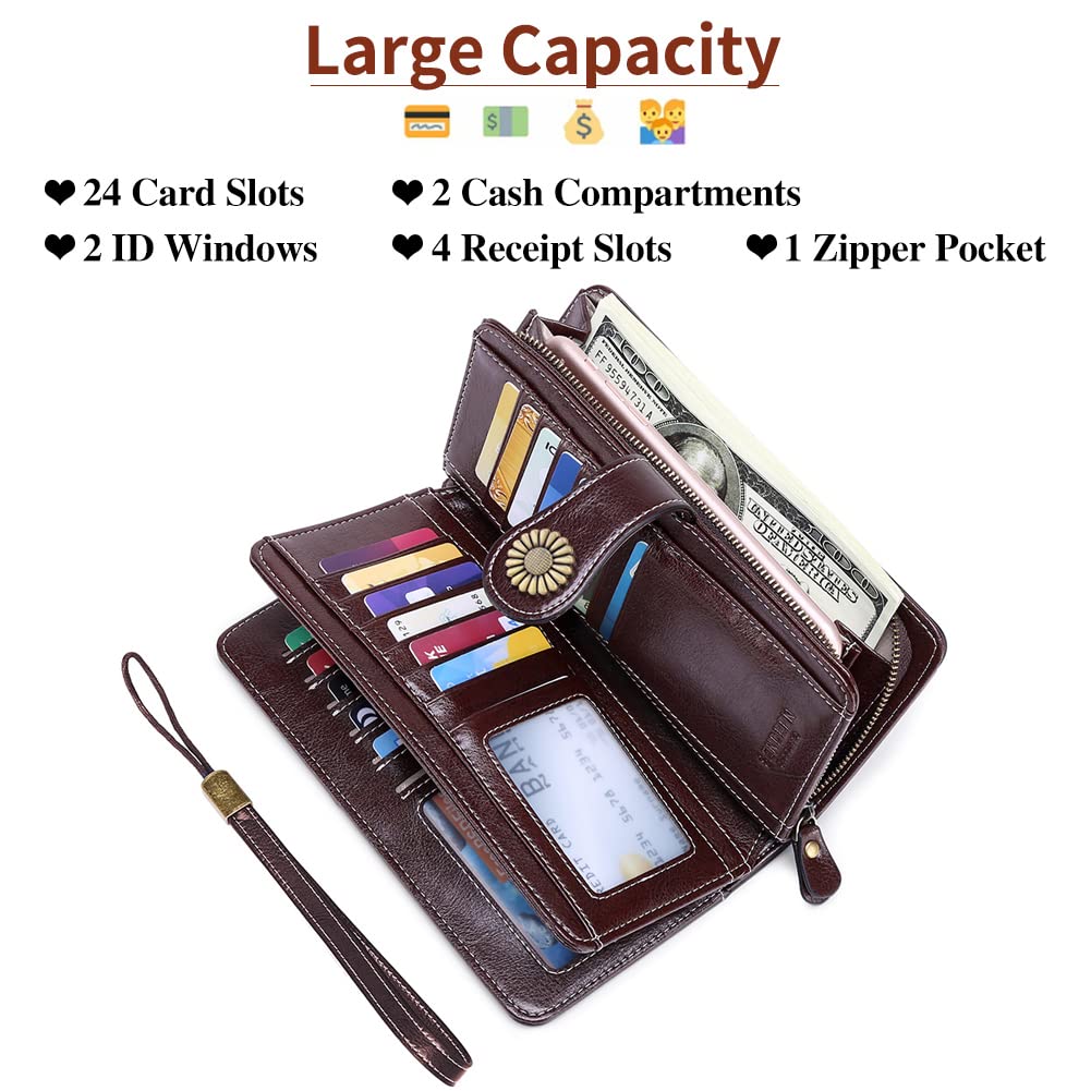 Wallets for Women Genuine Leather Credit Card Holder with RFID Blocking Large Capacity Wristlet