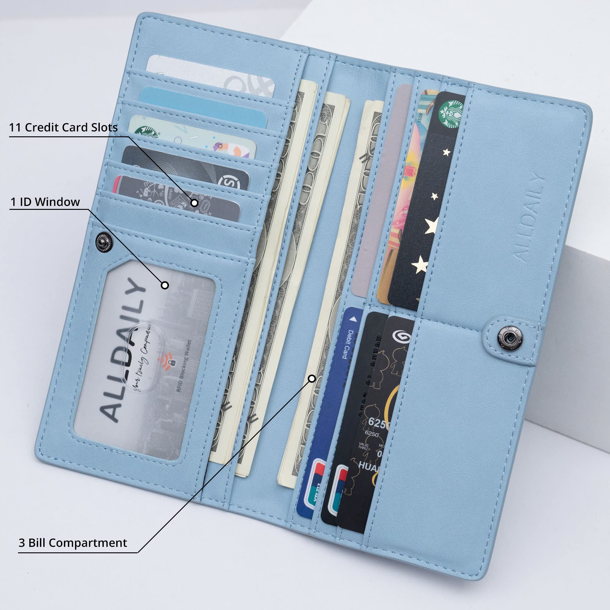 Women Wallet RFID Blocking Credit Card Holder Bifold Long Ladies Billfold (Purist Blue)