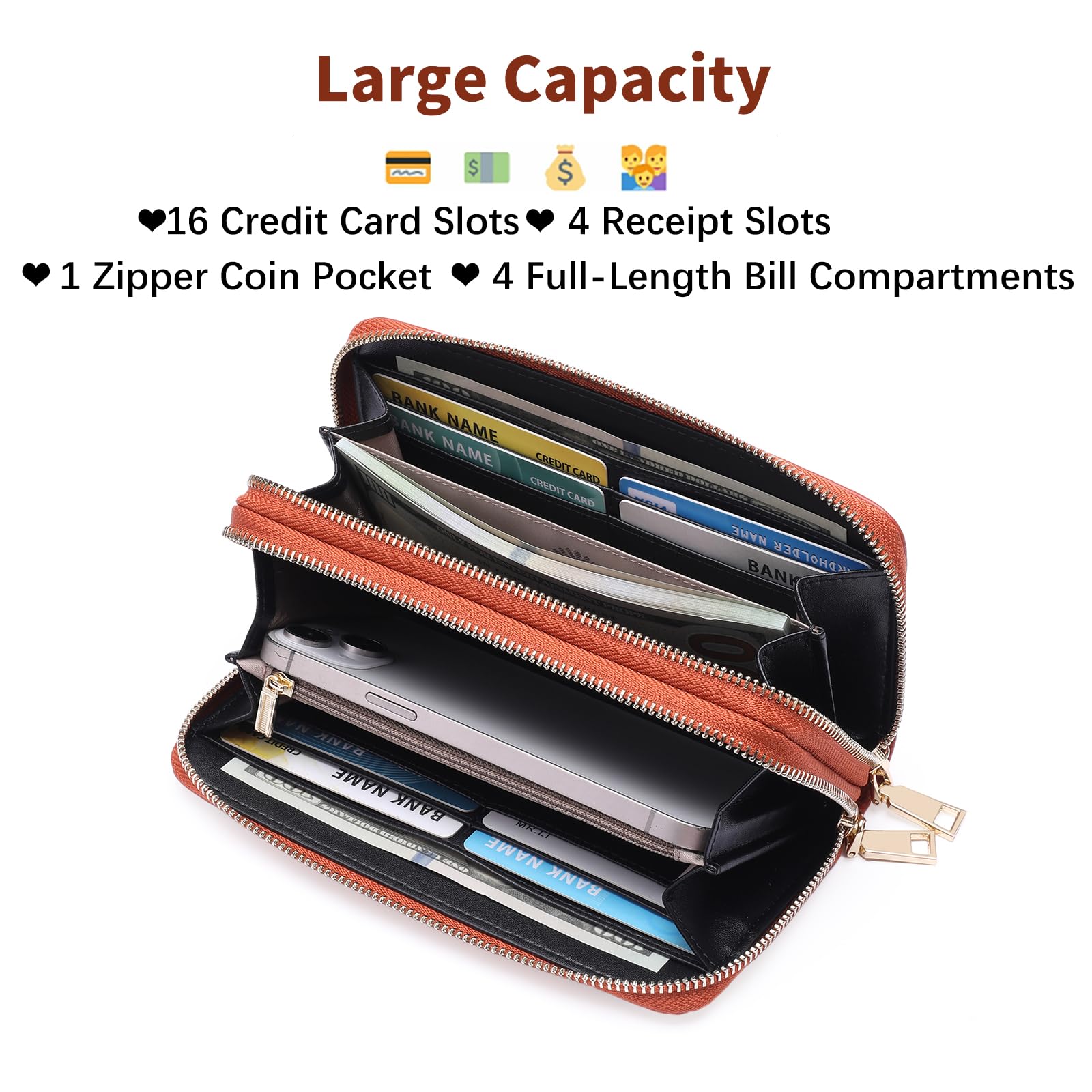 Women's Wallet Large Capacity Double Zip Around Credit Card Holder Leather Ladies Wallet with RFID Blocking Phone Wristlet Purse Black